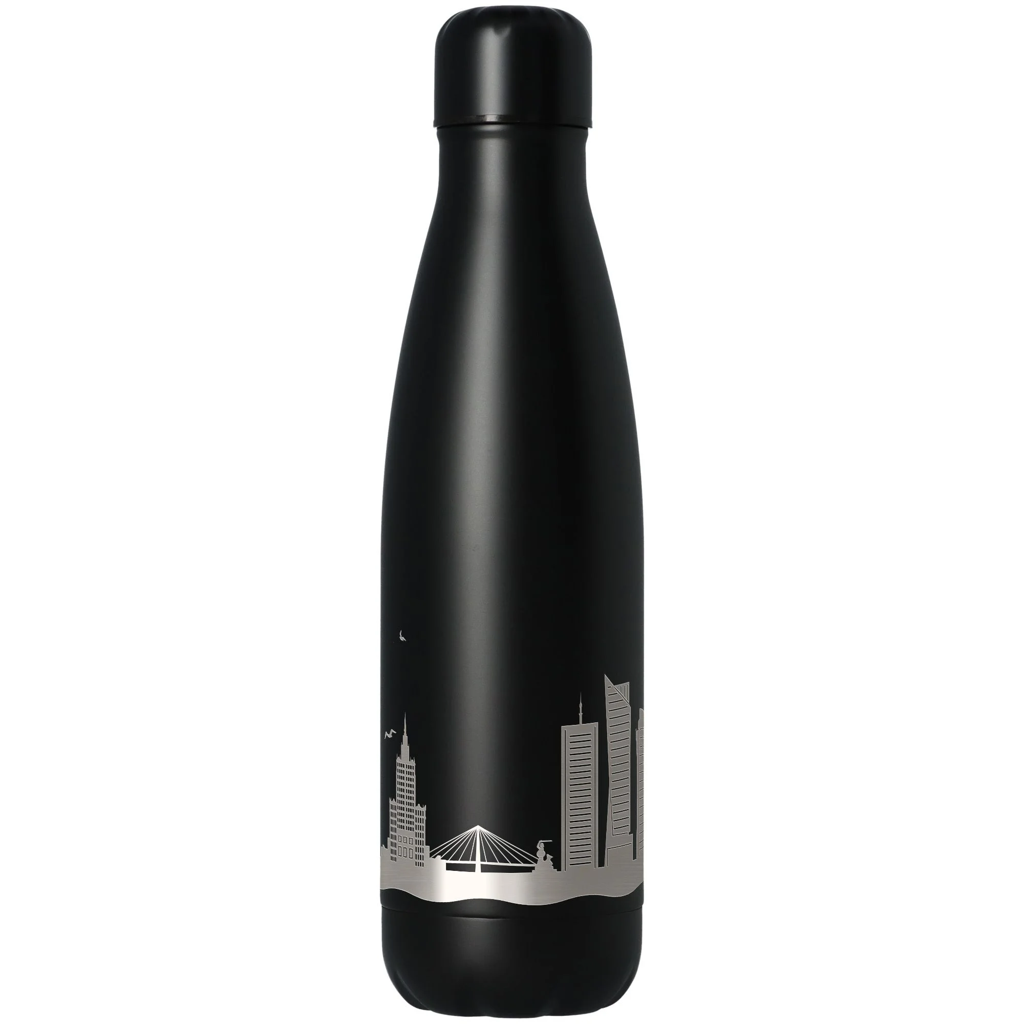 flasche, thermisch, stahl, schwarz, städte-silhouette