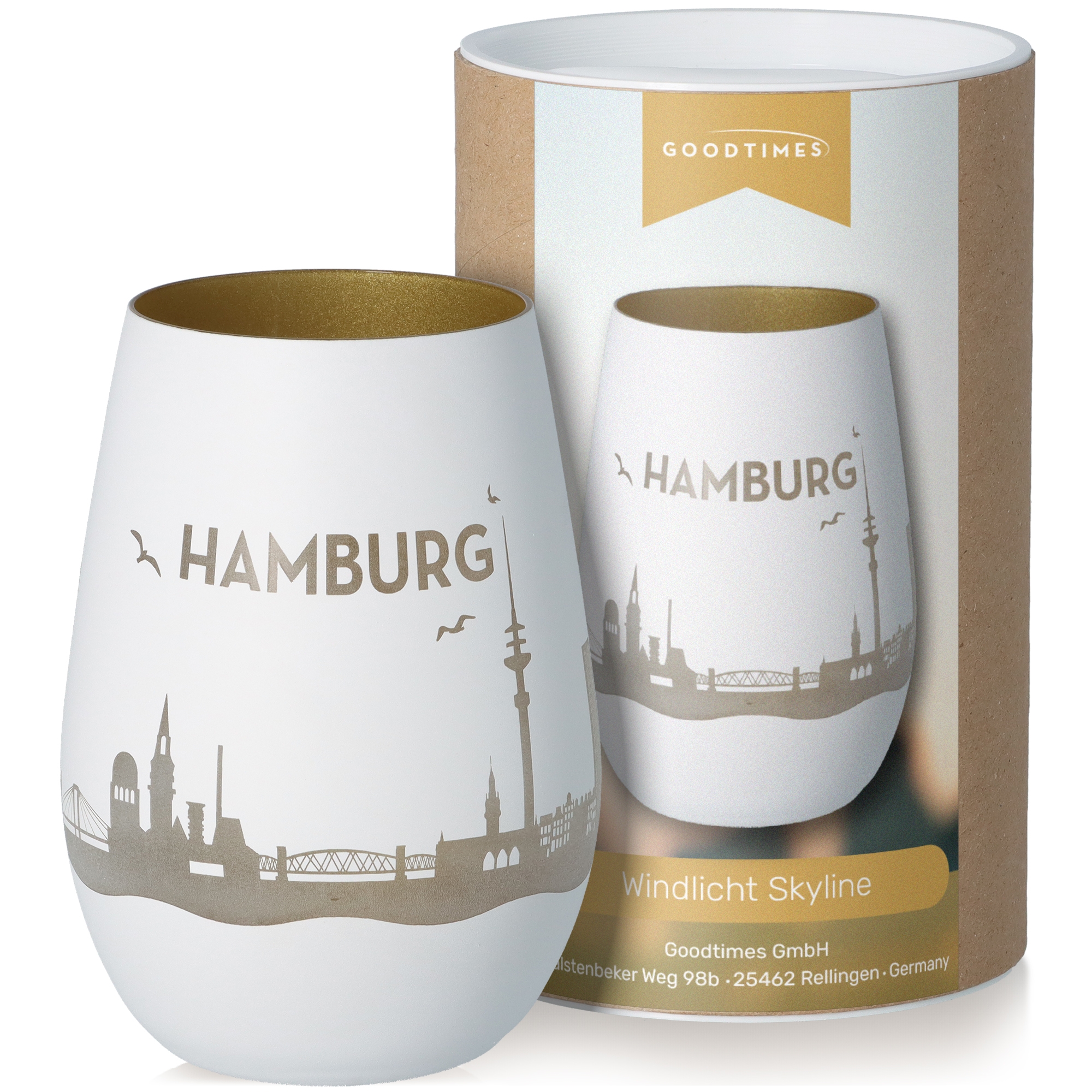 Windlicht Skyline Hamburg Weiß/Gold Töpferei, Krug, Vase, Tasse, Porzellan
