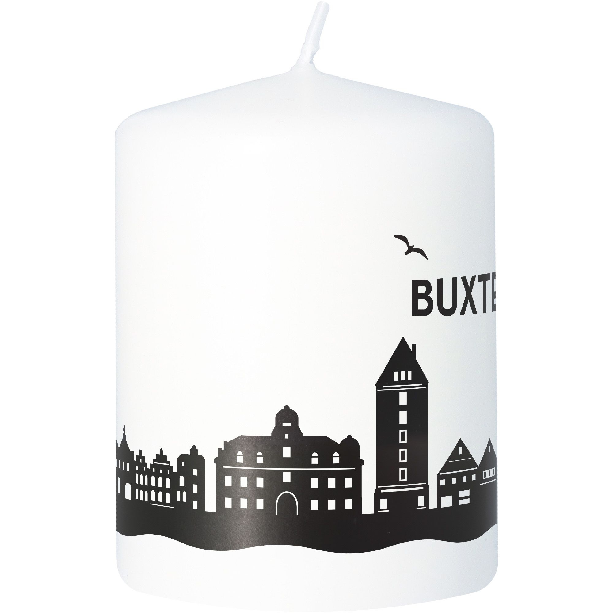 Stumpenkerze Skyline Buxtehude Weiß Kerze