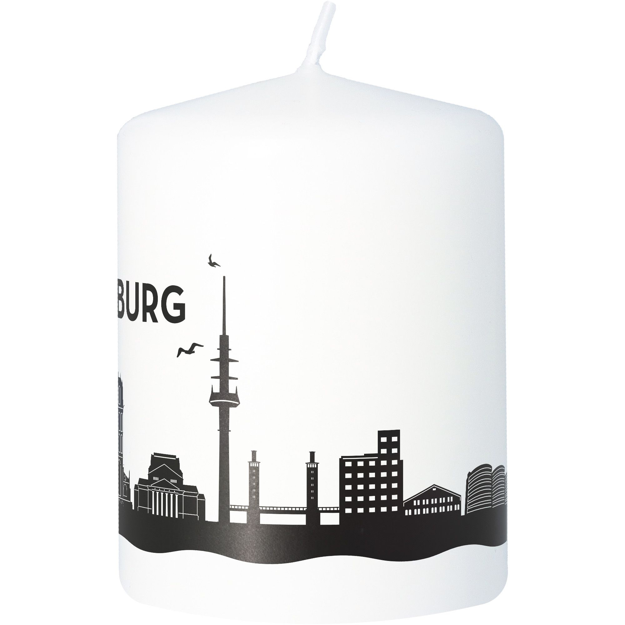 Stumpenkerze Skyline Duisburg Weiß