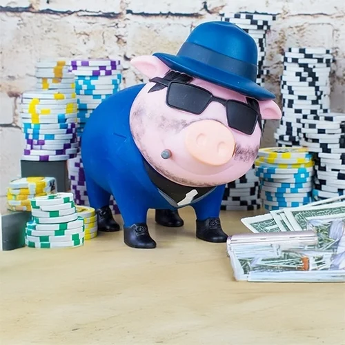 Schwein Figur, Geldsammelfigur, Sonnenbrille, Anzug, Geldstapel