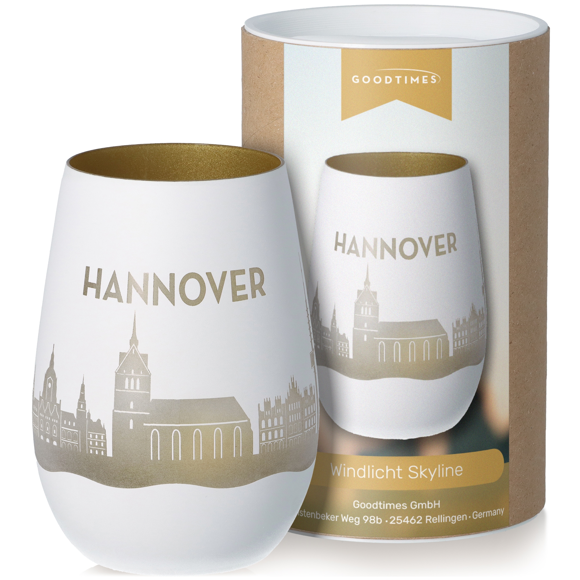 Windlicht Skyline Hannover Weiß/Gold Töpferei, Tasse, Krug, Glas
