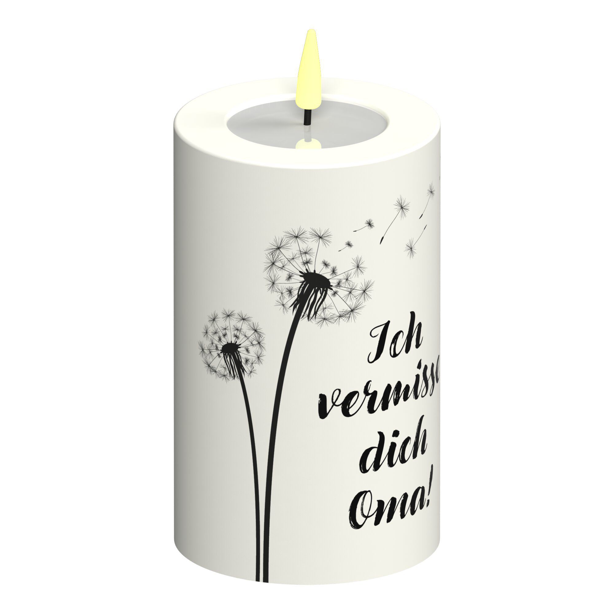 LED Stumpenkerze Weiß Pusteblume "Ich vermisse dich Oma!" LED Stumpenkerze Weiß Pusteblume "Ich vermisse dich Oma!"