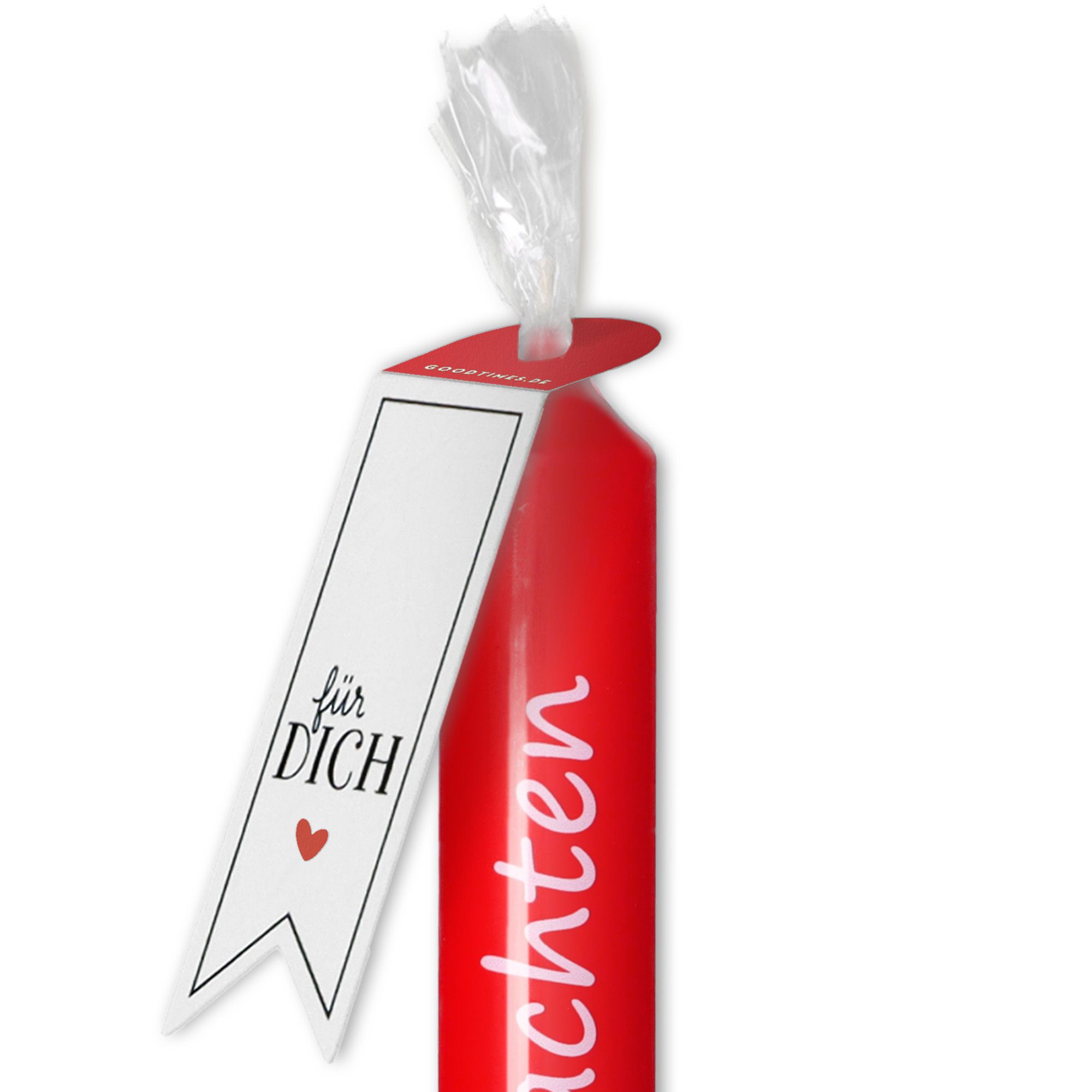 Stabkerze Rot mit weißem Tannenbaum "Schöne Weihnachten" Stabkerze Rot mit weißem Tannenbaum "Schöne Weihnachten"