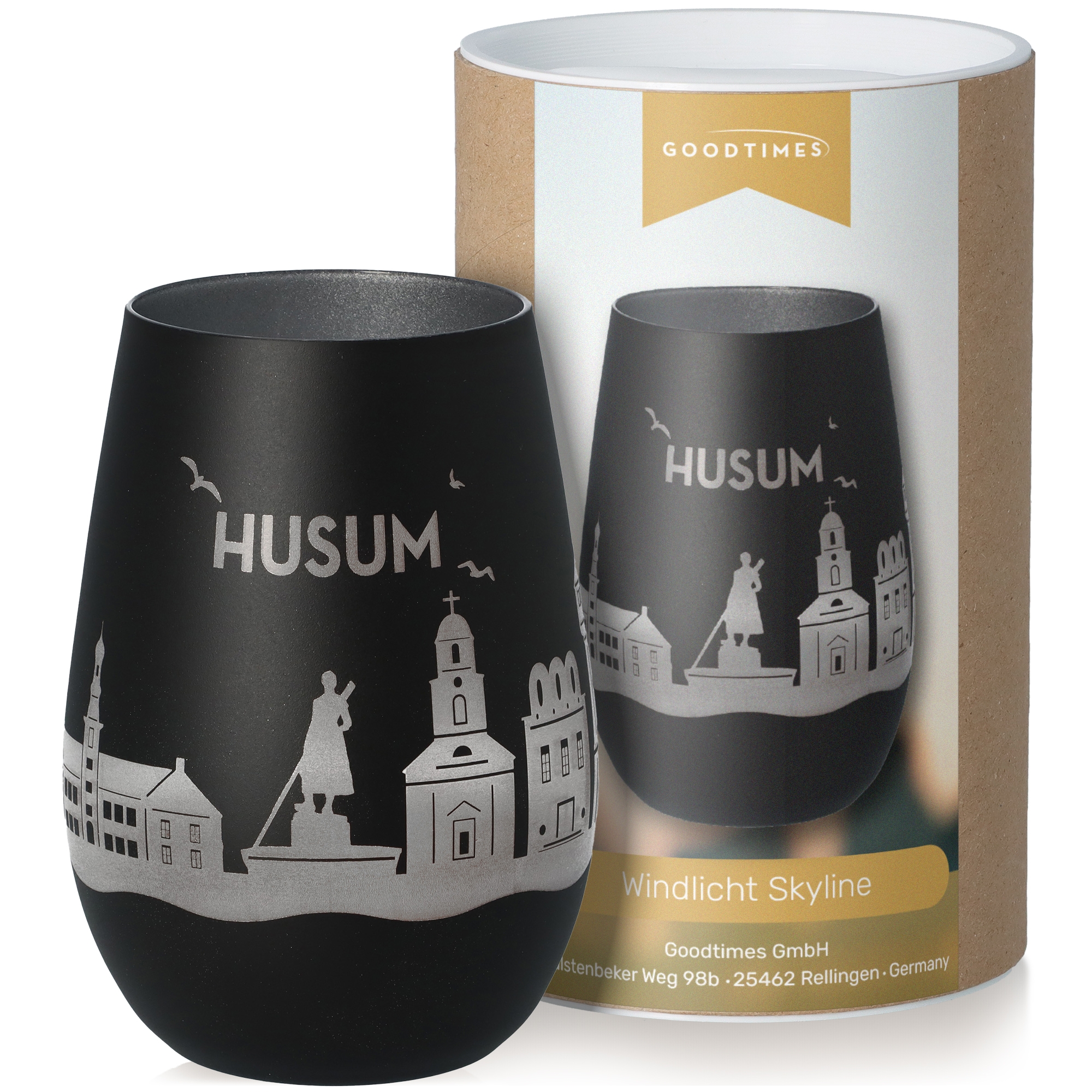 Windlicht Skyline Husum Schwarz/Silber Krug, Töpferei