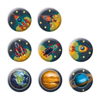 Weltraum - 8 Minibuttons "Raketen und Planeten"