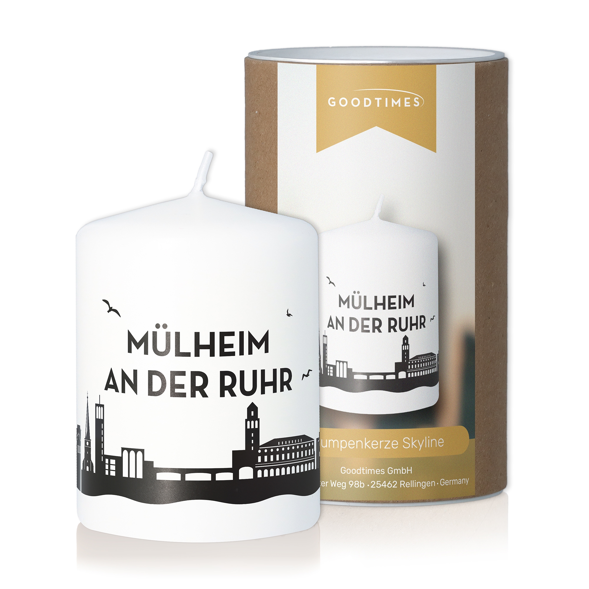 Stumpenkerze Skyline Mülheim an der Ruhr Weiß Kerze