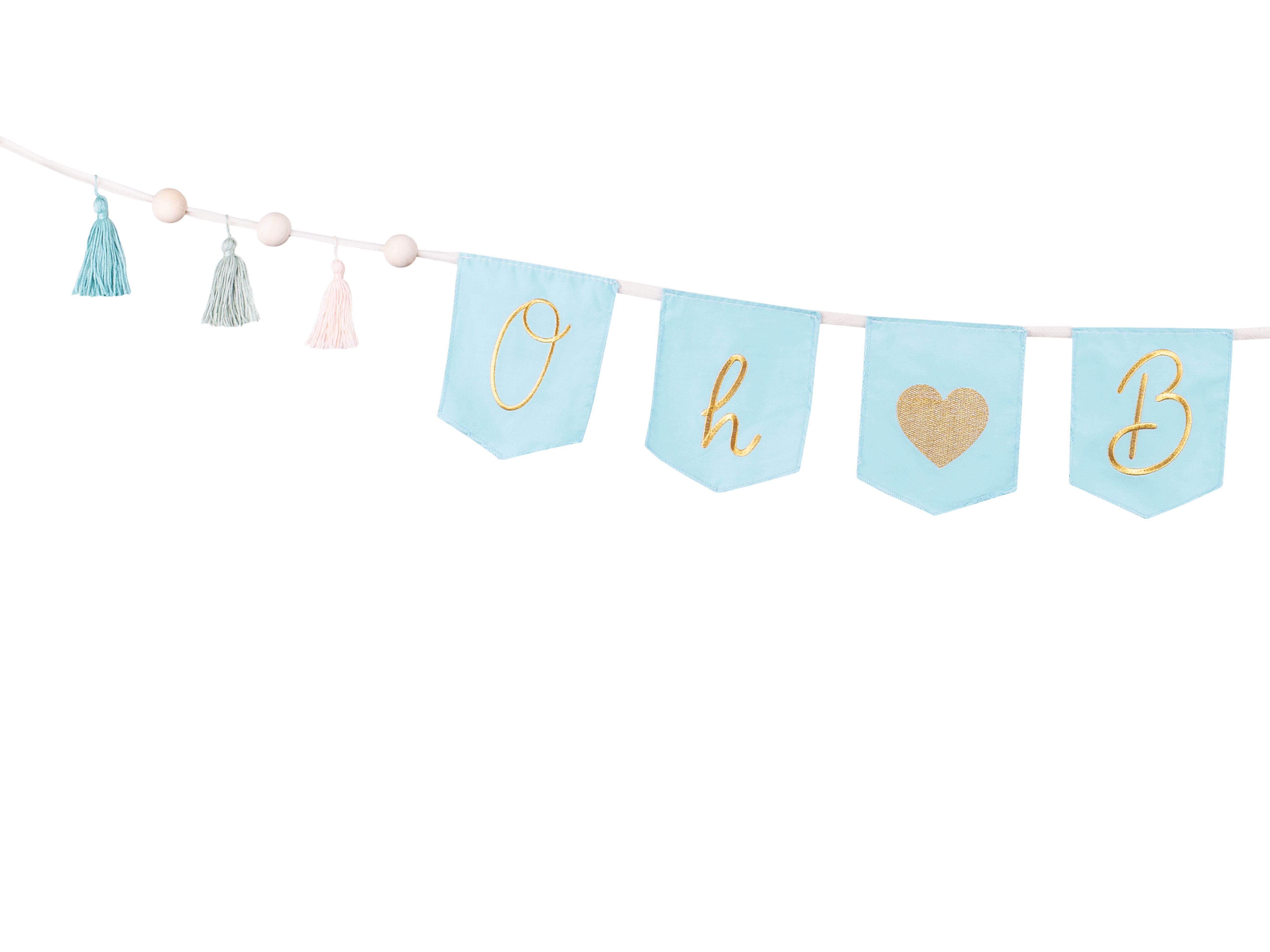Stoffgirlande "Oh ♥ Baby" mit Tasseln Hellblau/Gold Stoffgirlande "Oh ♥ Baby" mit Tasseln Hellblau/Gold