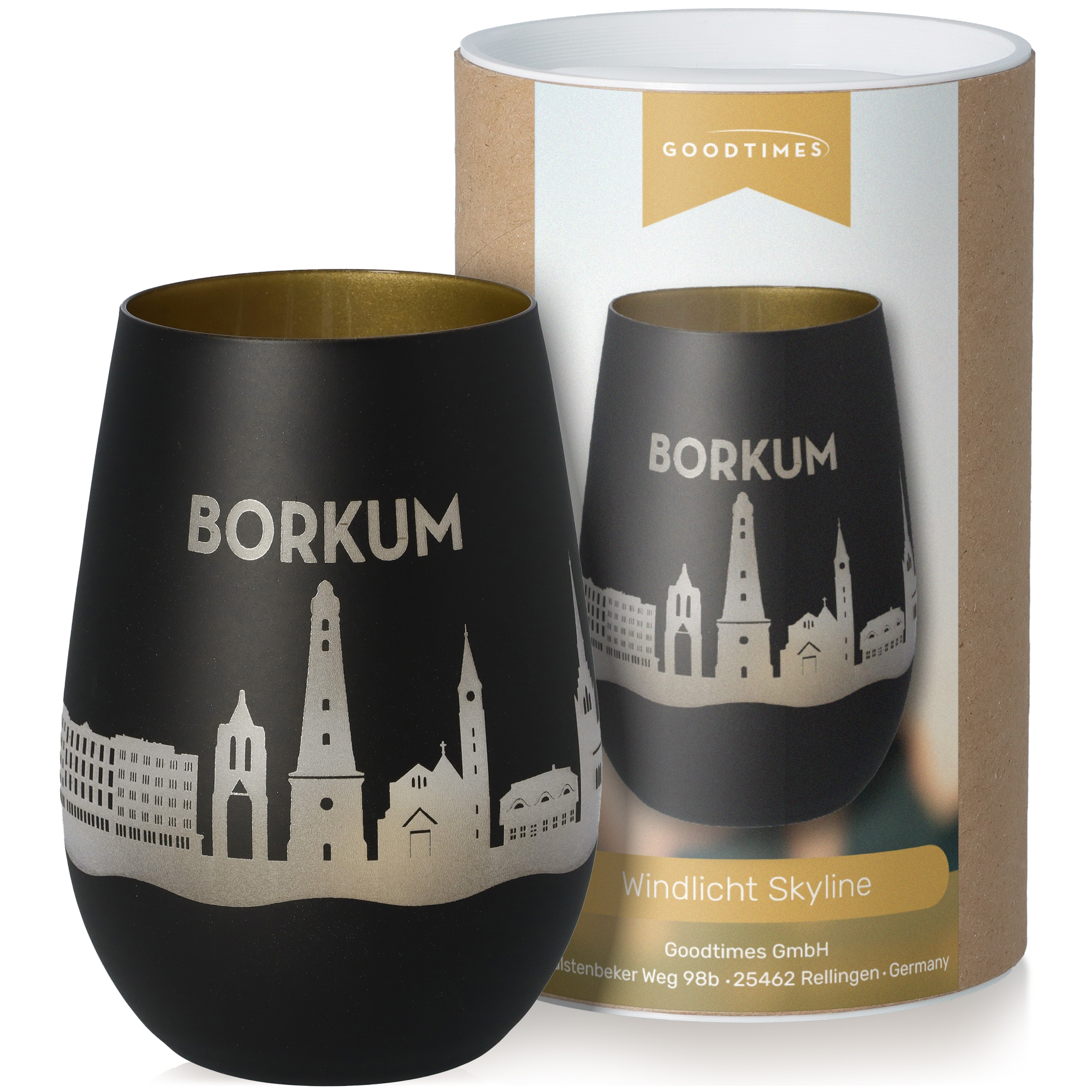 Windlicht Skyline Borkum Schwarz/Gold Krug, Töpferei
