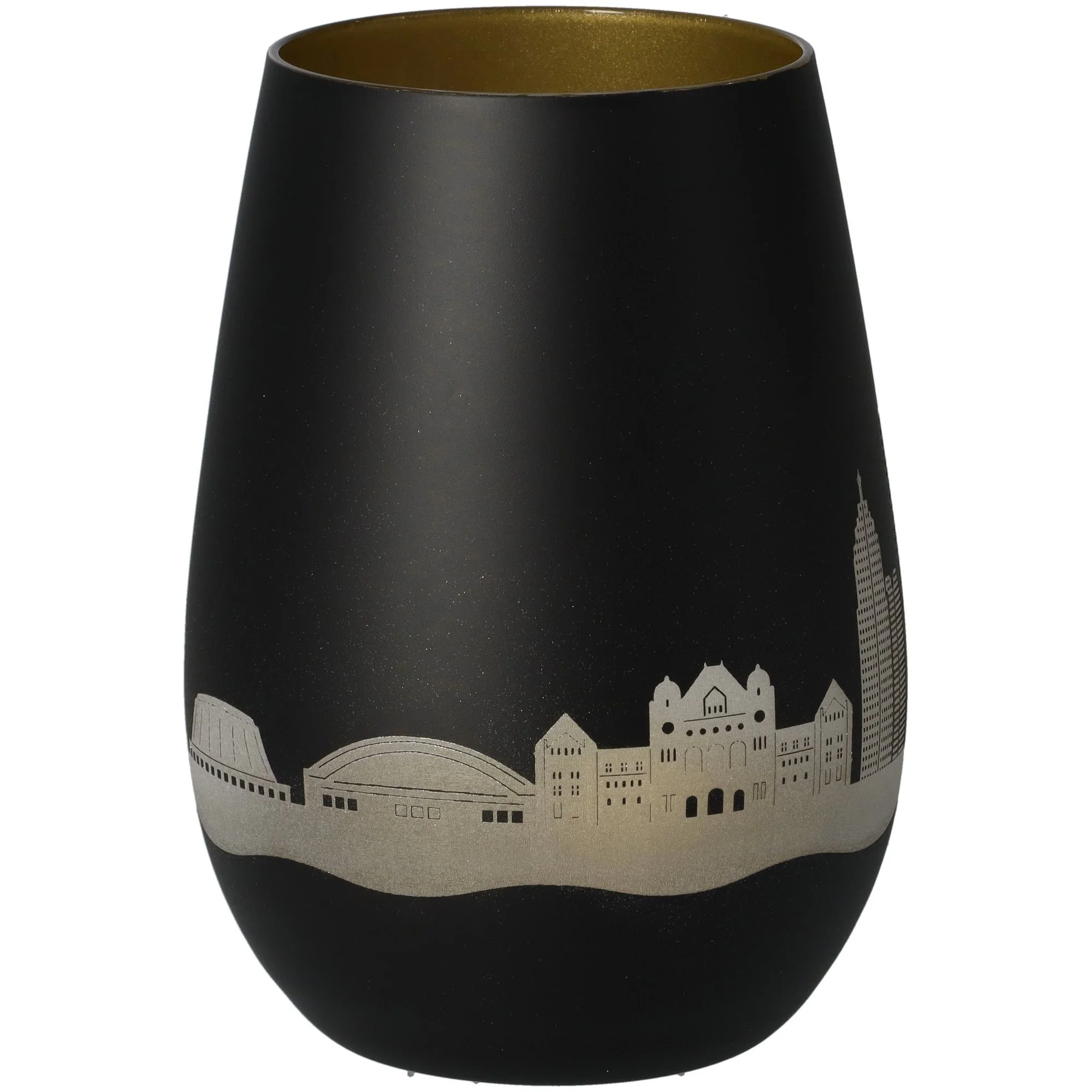 Vase, Schwarz, Silber-Farbdesign, Stadt-Silhouette, Glas/Vasengröße mittel