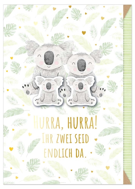 Grußkarte 3D "Hurra, Hurra! Ihr zwei seid endlich da!" Grußkarte 3D "Hurra, Hurra! Ihr zwei seid endlich da!"