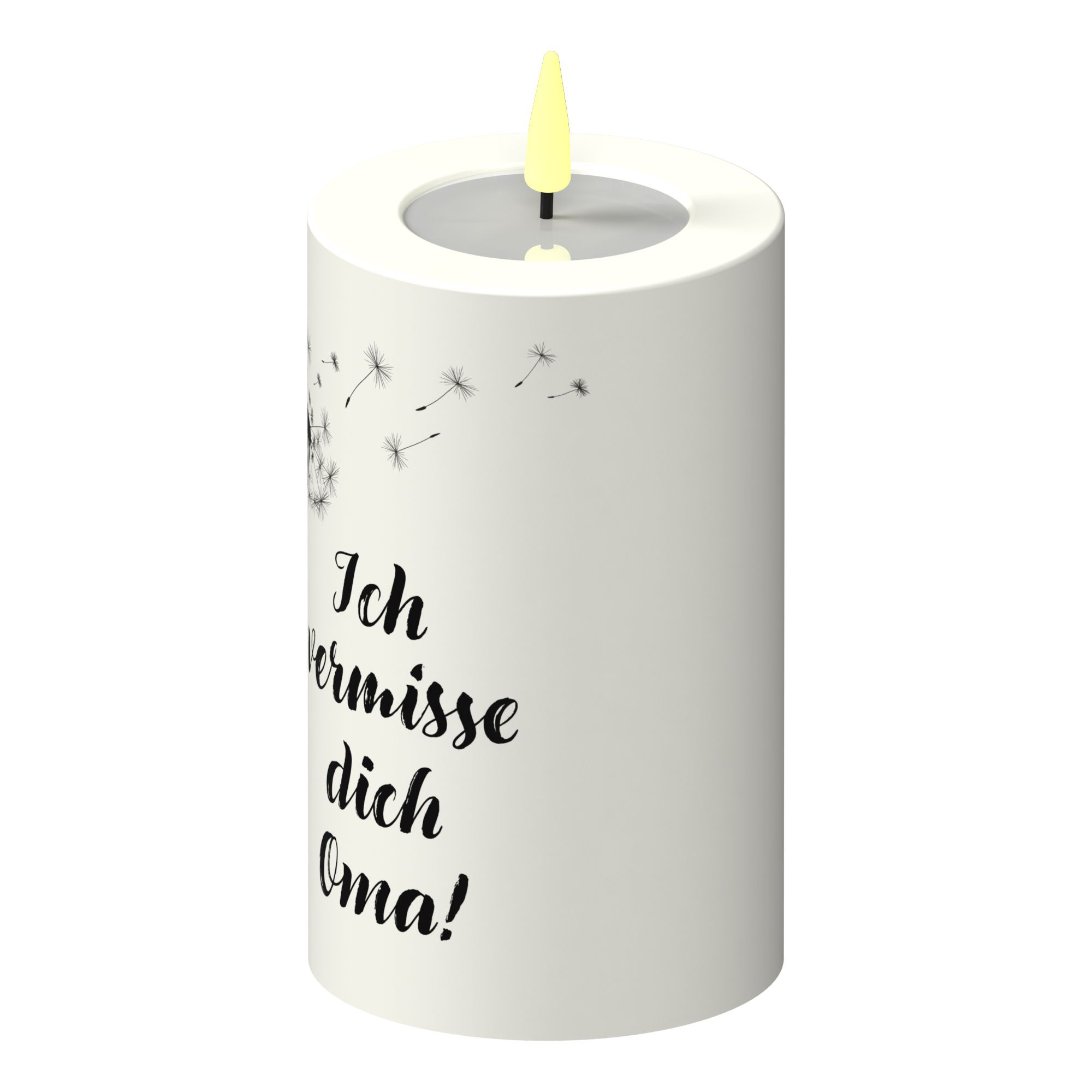 LED Stumpenkerze Weiß Pusteblume "Ich vermisse dich Oma!" LED Stumpenkerze Weiß Pusteblume "Ich vermisse dich Oma!"