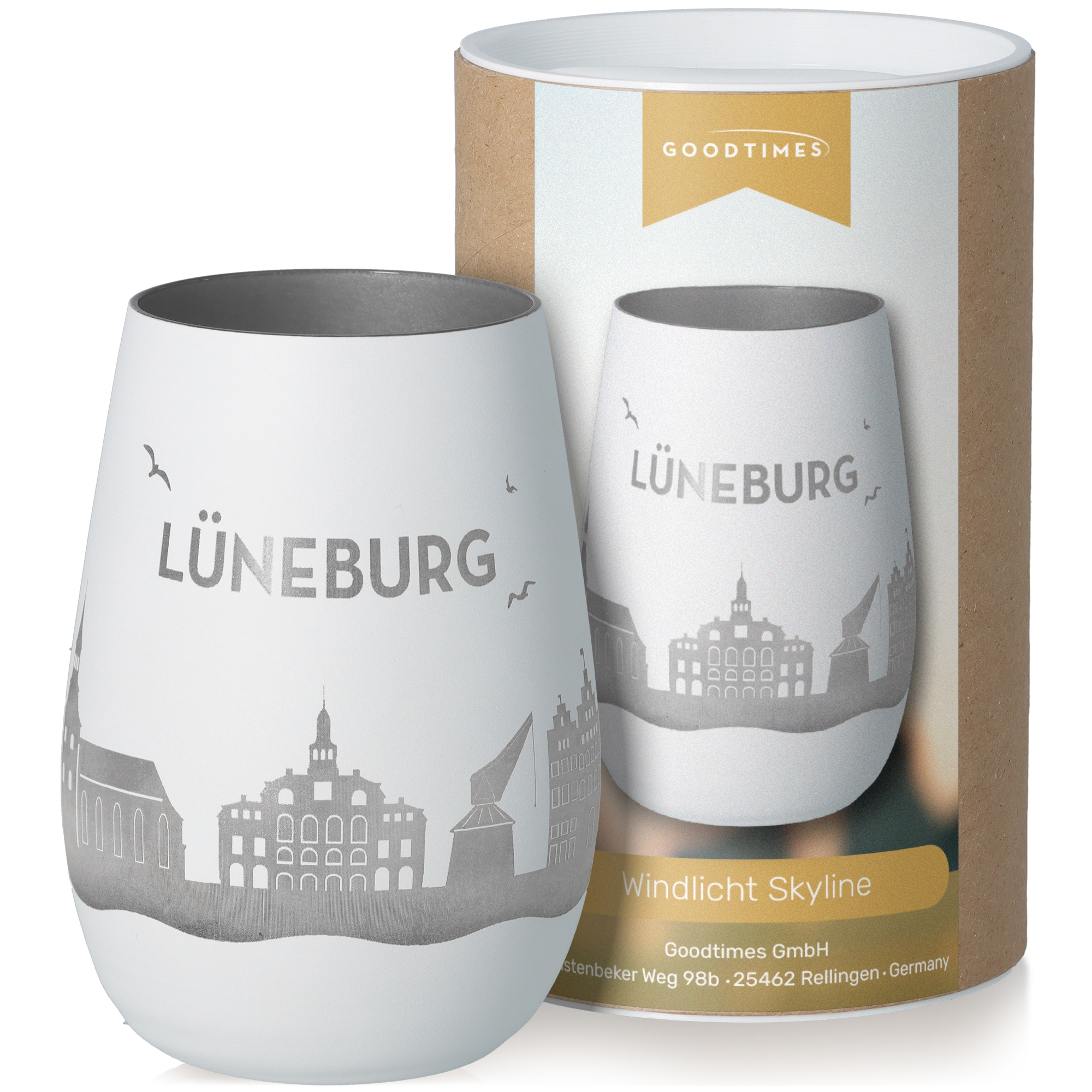 Windlicht Skyline Lüneburg Weiß/Silber Töpferei, Glas, Tasse