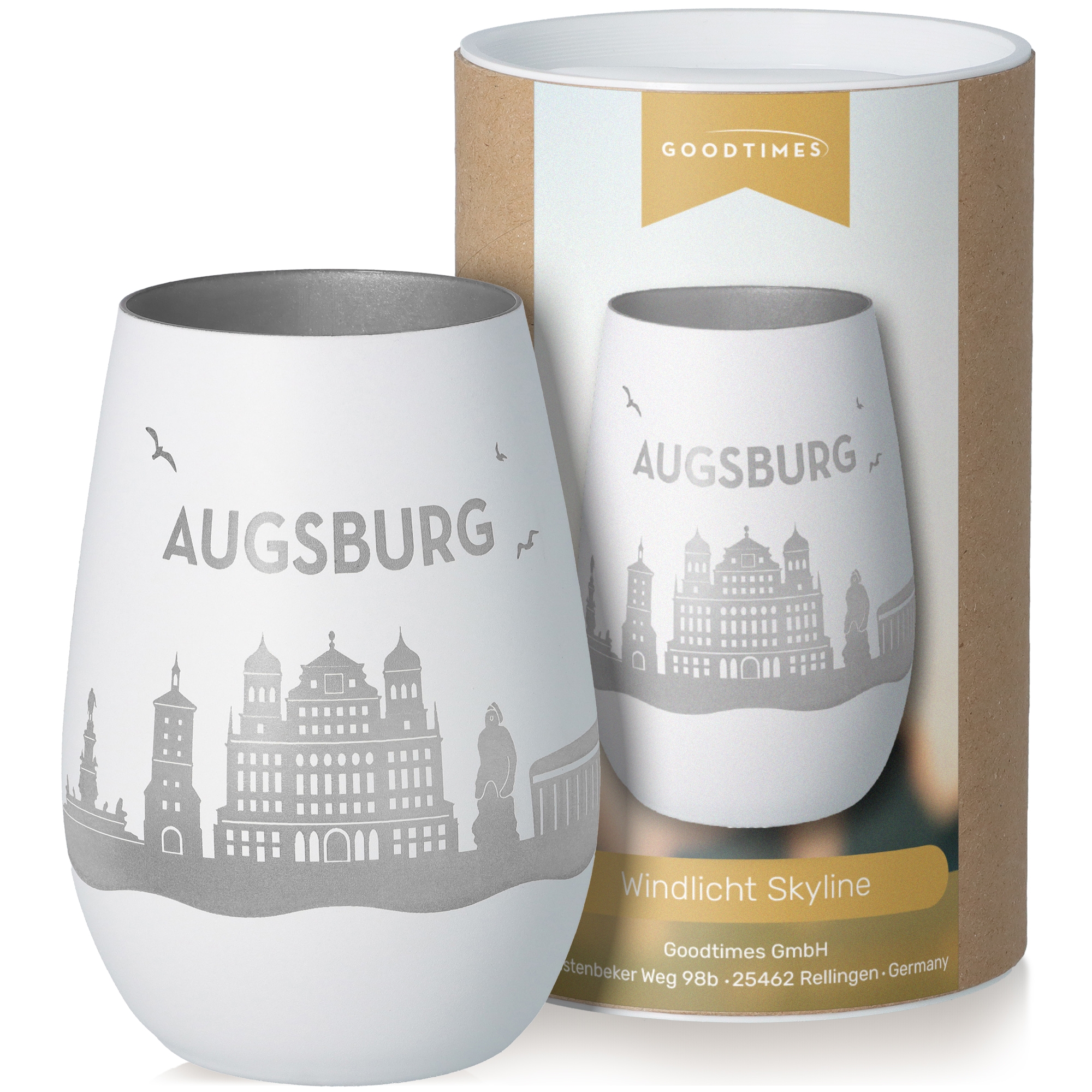 Windlicht Skyline Augsburg Weiß/Silber Töpferei, Porzellan, Glas, Tasse