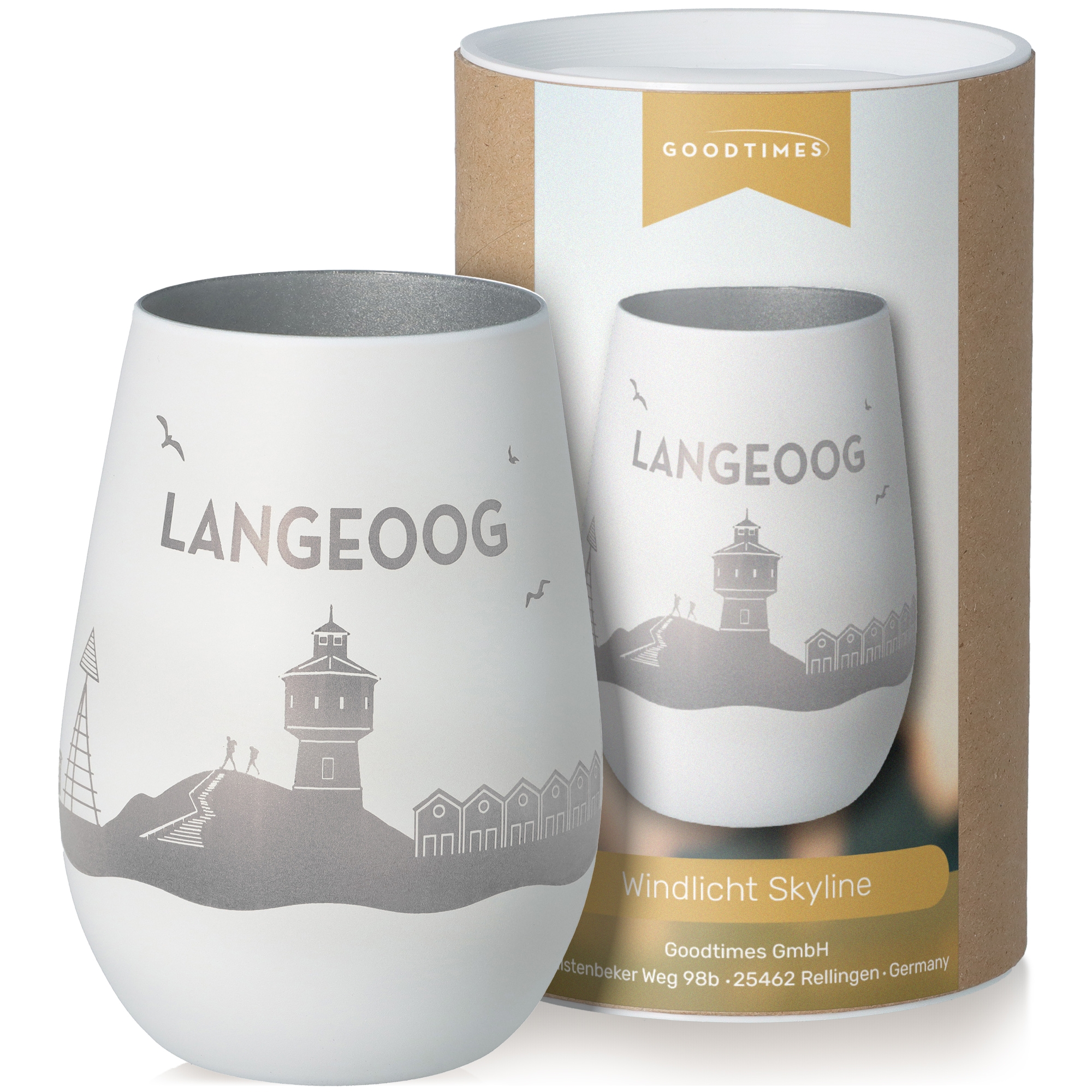 Windlicht Skyline Langeoog Weiß/Silber Töpferei, Tasse, Glas