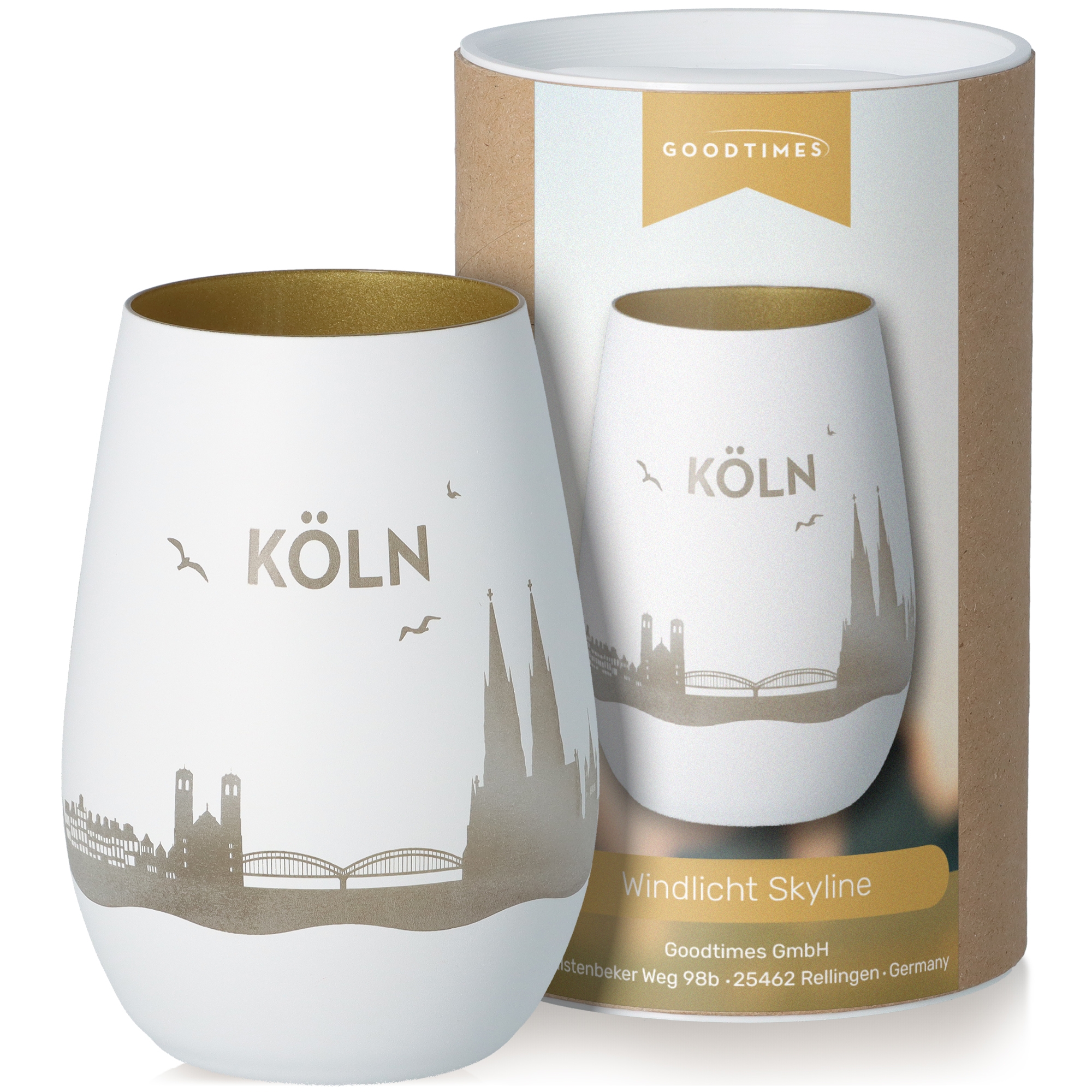 Windlicht Skyline Köln Weiß/Gold