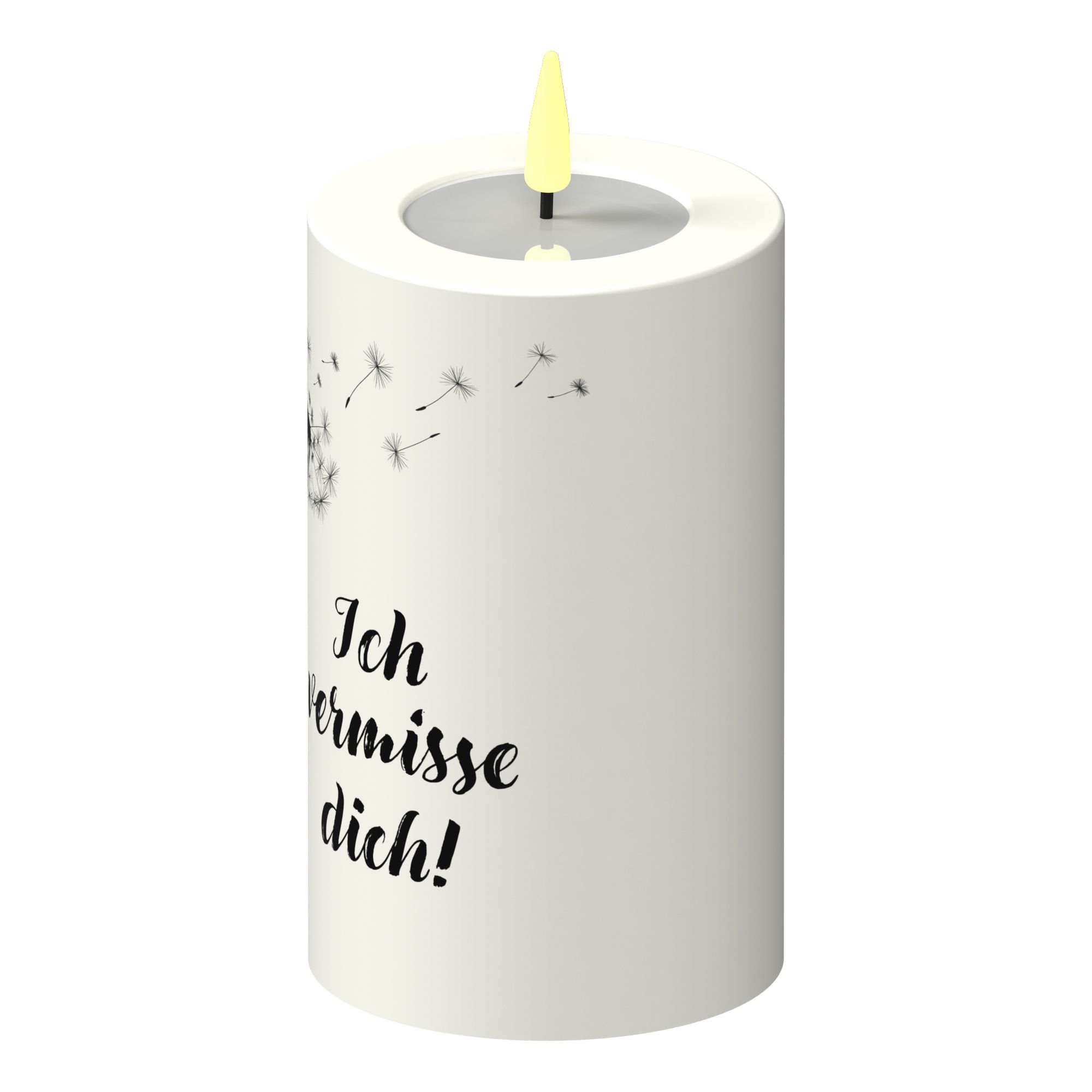 LED Stumpenkerze Weiß Pusteblume "Ich vermisse dich!" LED Stumpenkerze Weiß Pusteblume "Ich vermisse dich!"