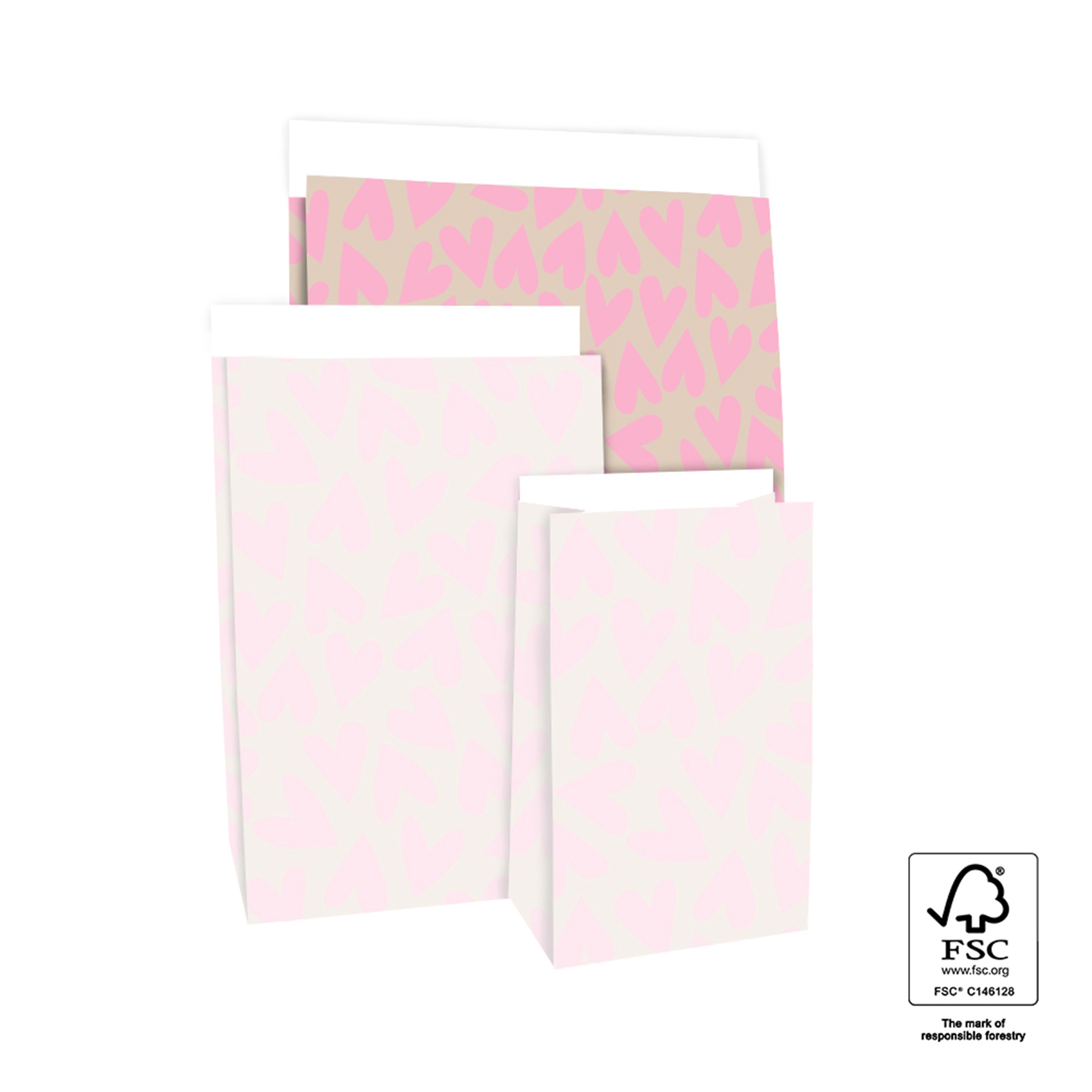 Blockbodenbeutel L "Herzen Pink" Seite, Text, Papier