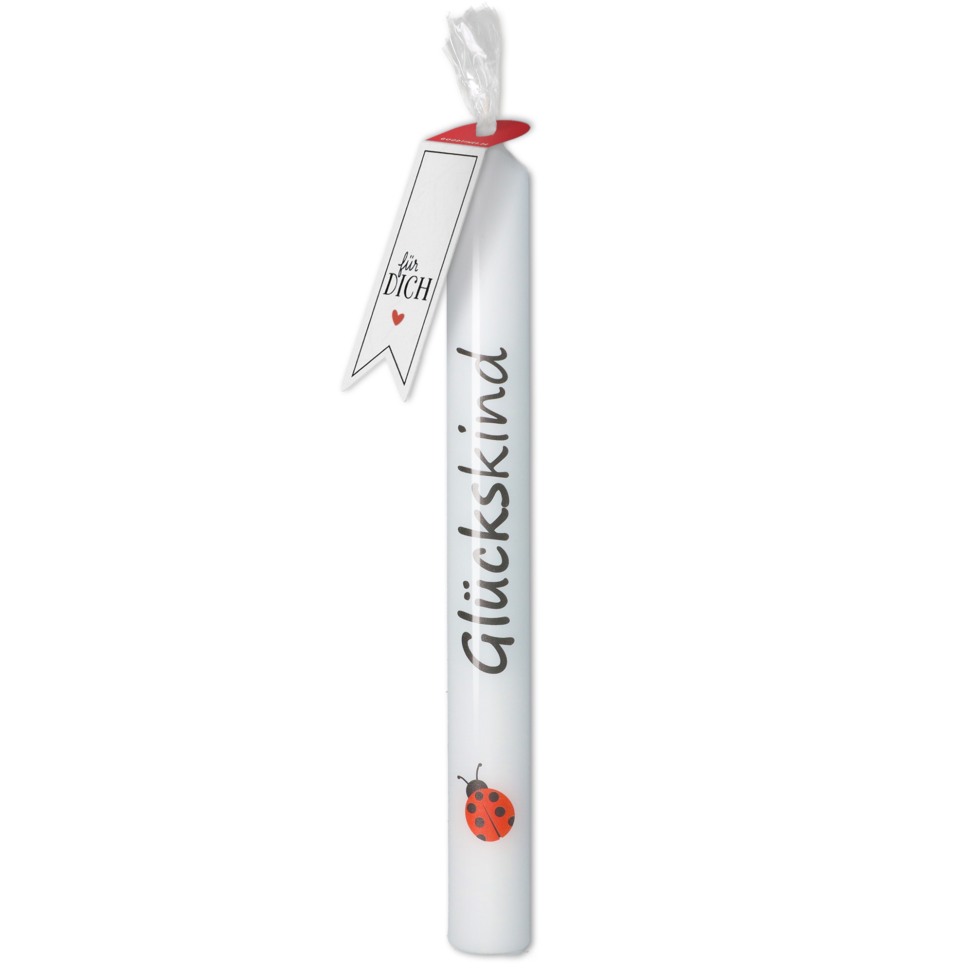 Stabkerze Weiß mit Marienkäfer "Glückskind" Stabkerze Weiß mit Marienkäfer "Glückskind"