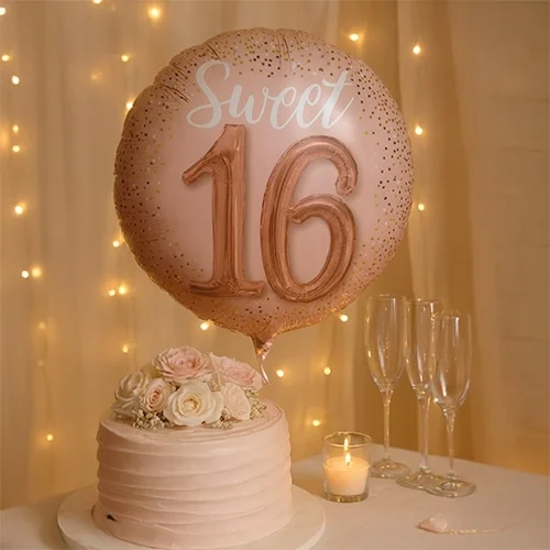 balloon, cake, rose decor, golden, 15th birthday