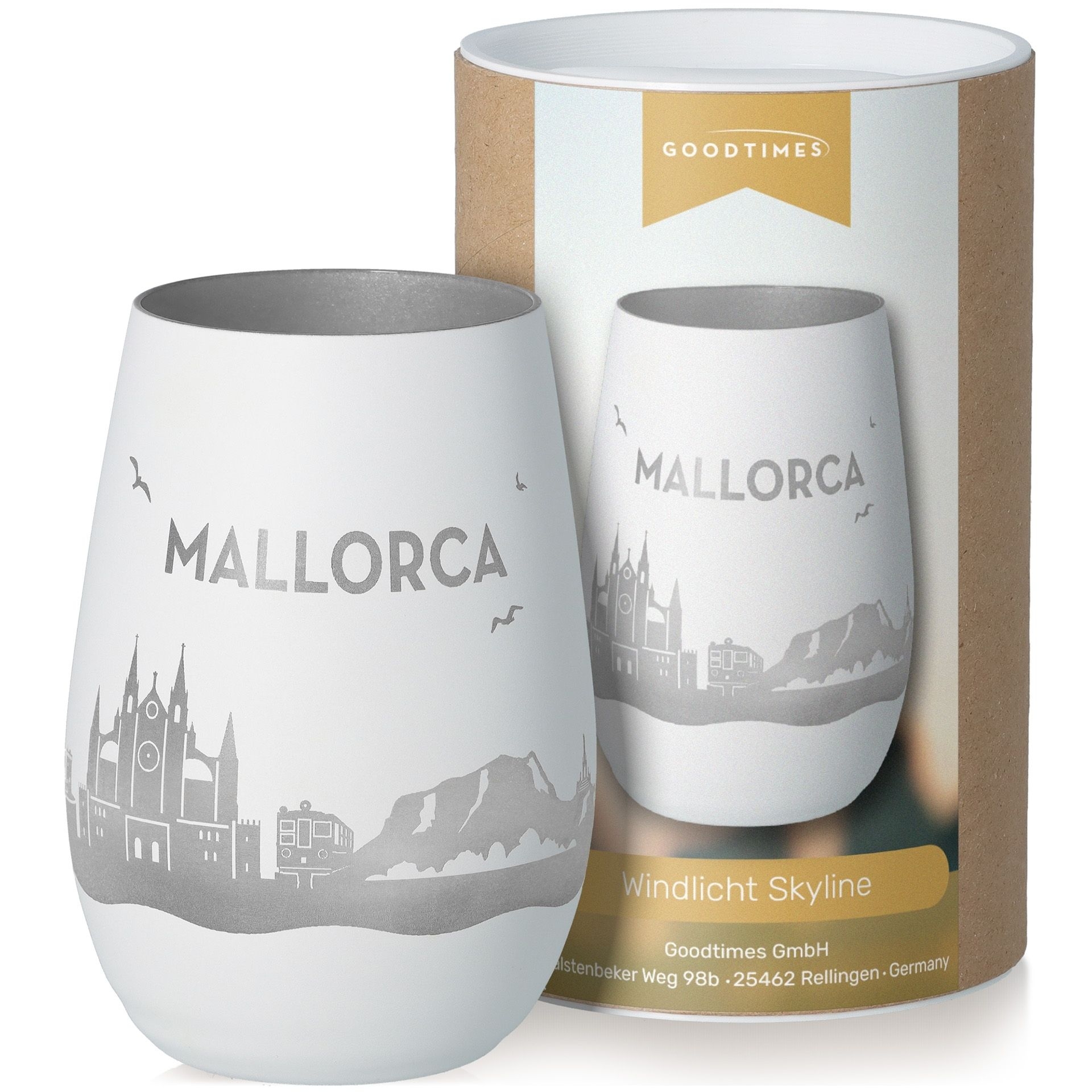 Windlicht Skyline Mallorca Weiß/Silber Töpferei, Krug, Tasse, Porzellan, Glas