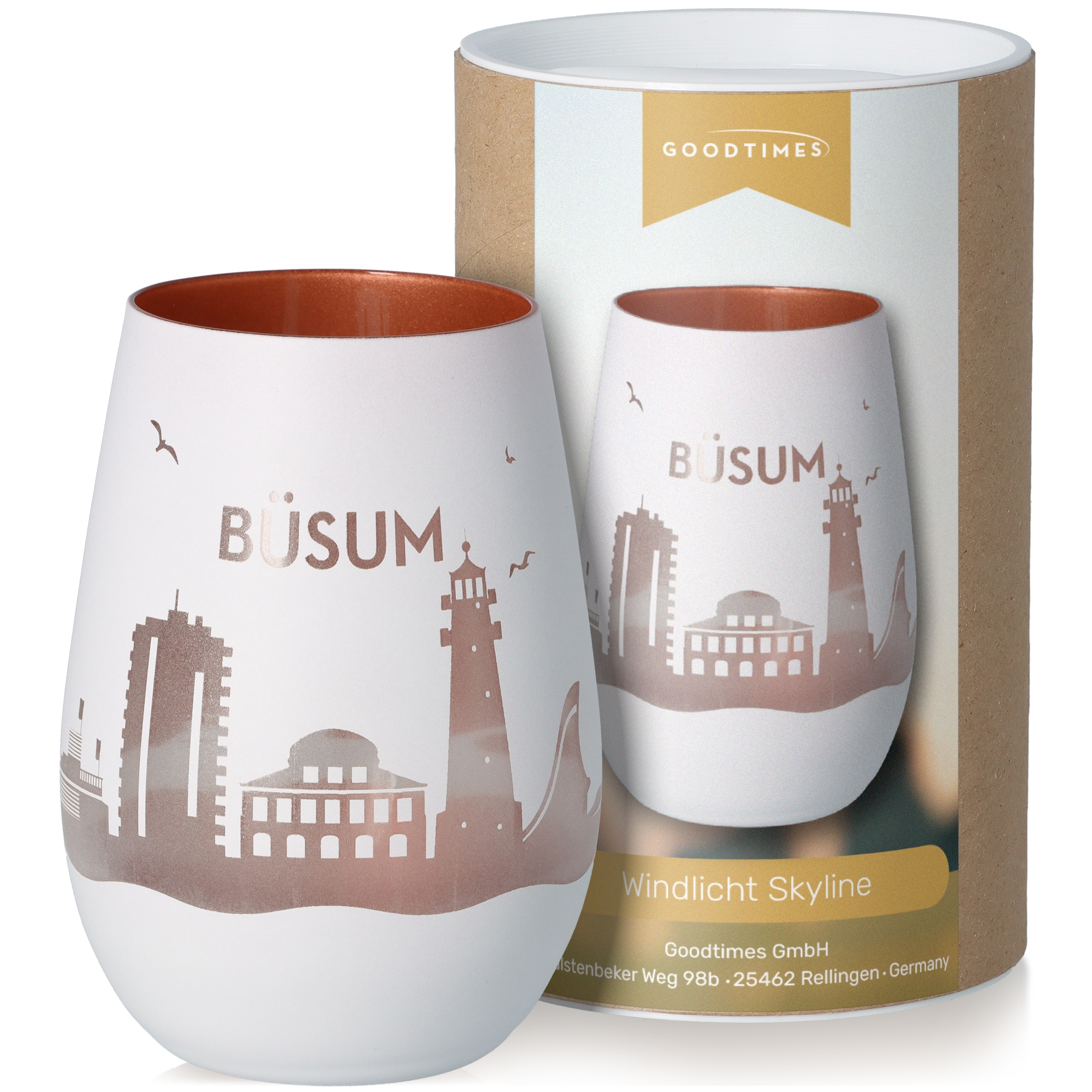 Windlicht Skyline Büsum Weiß/Bronze Töpferei, Tasse, Kunst, Porzellan