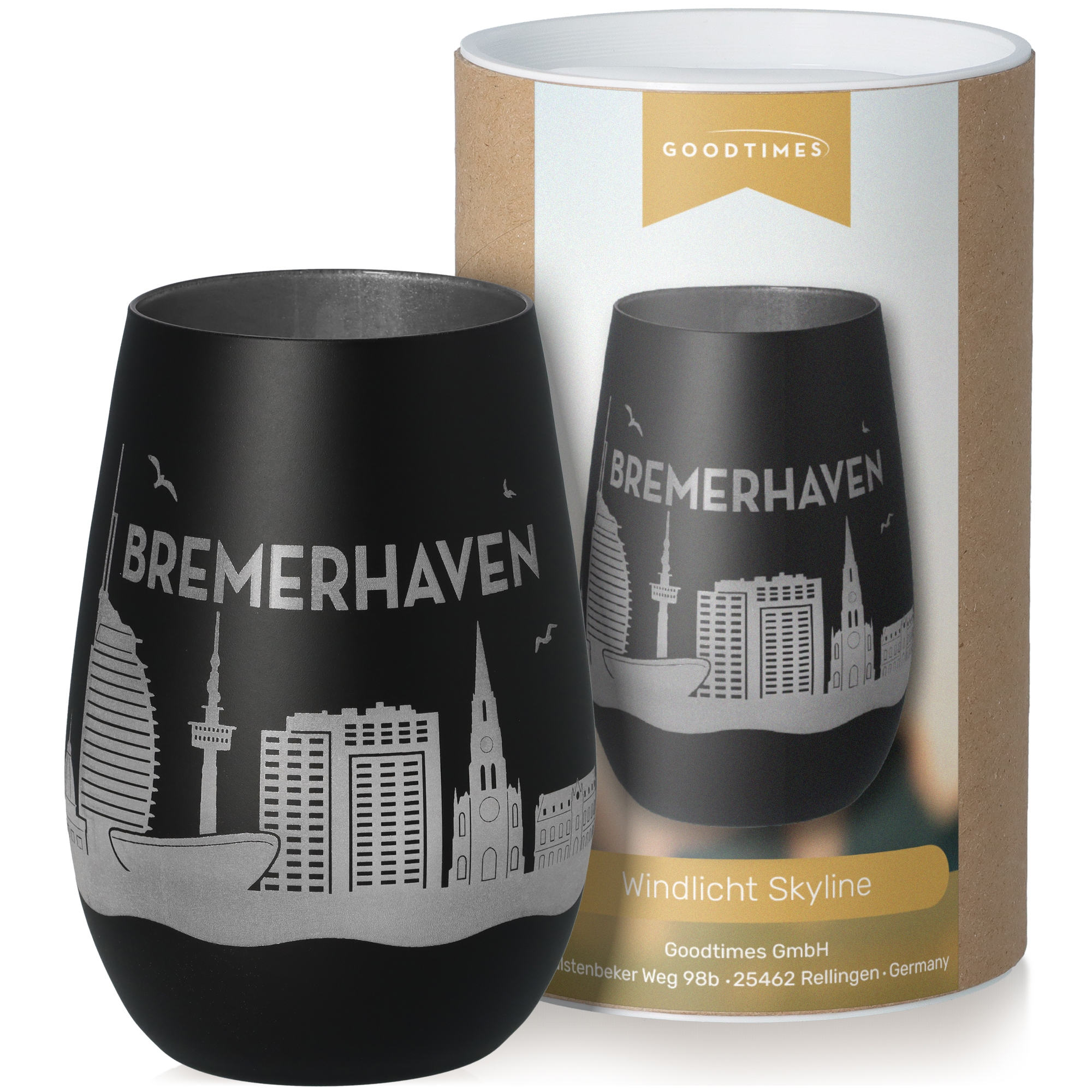 Windlicht Skyline Bremerhaven Schwarz/Silber Krug, Töpferei
