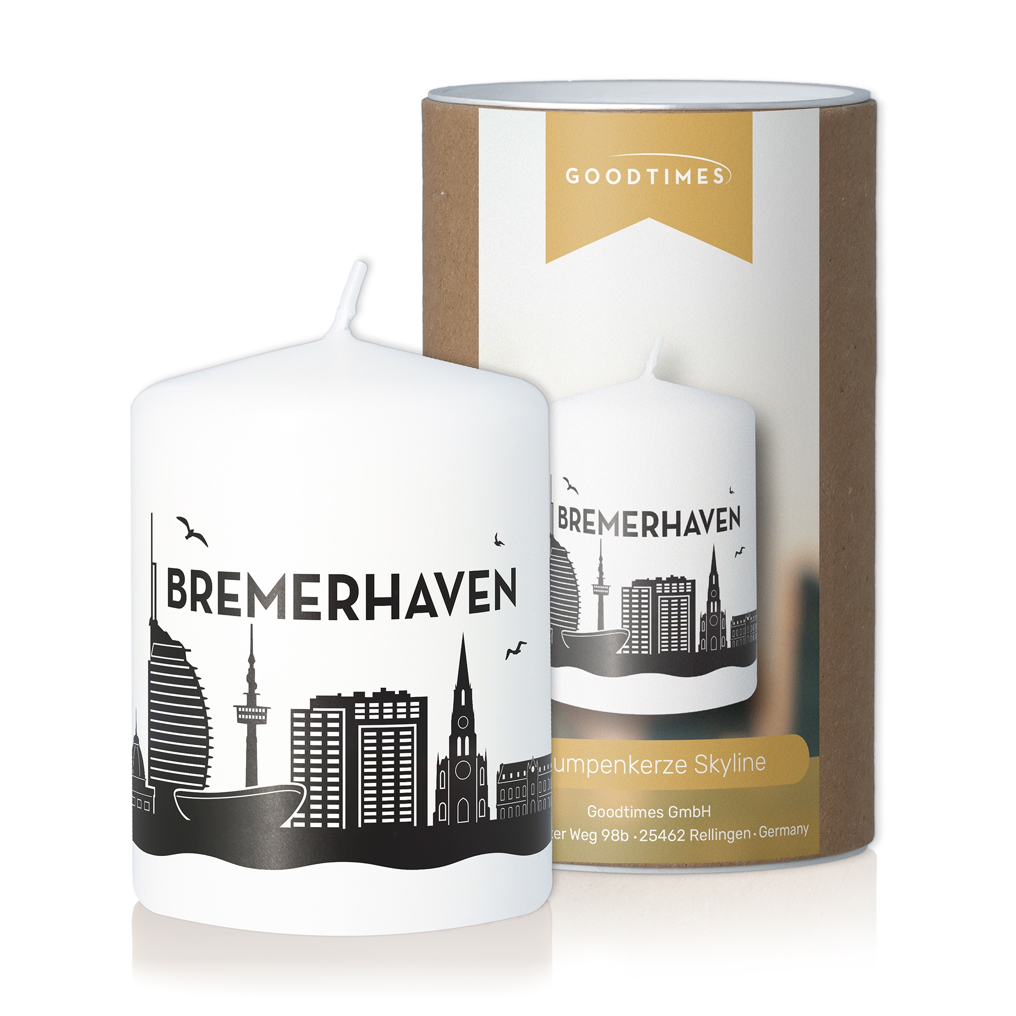 Stumpenkerze Skyline Bremerhaven Weiß Flasche