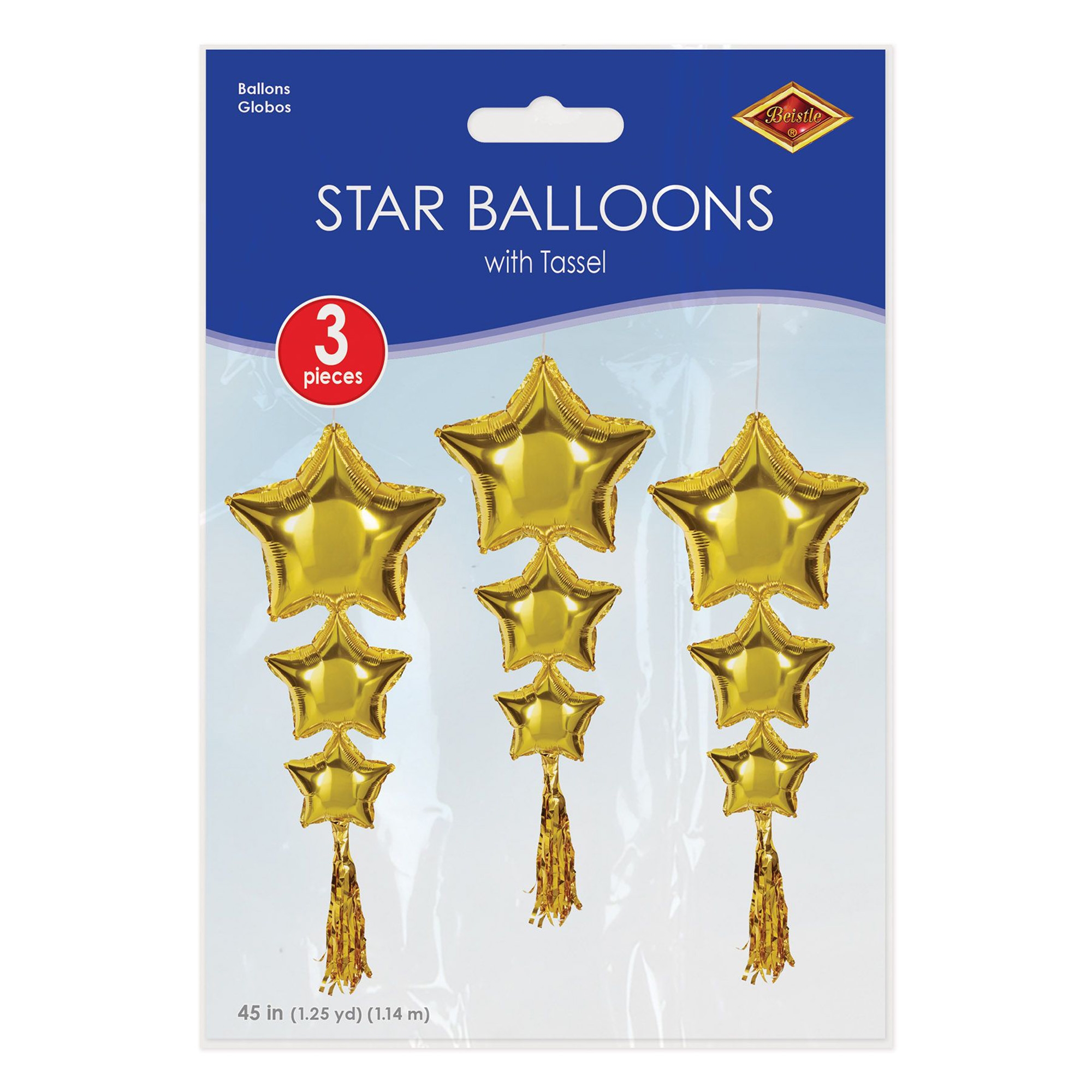 3 Stern Ballons mit Tasseln "Gold" Symbol
