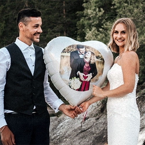 hochzeit, ballon, herzballon, paar, kleid