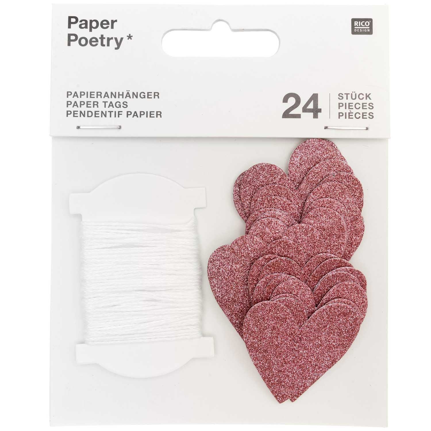 24 Papieranhänger "Glitzerherzen", Rosa