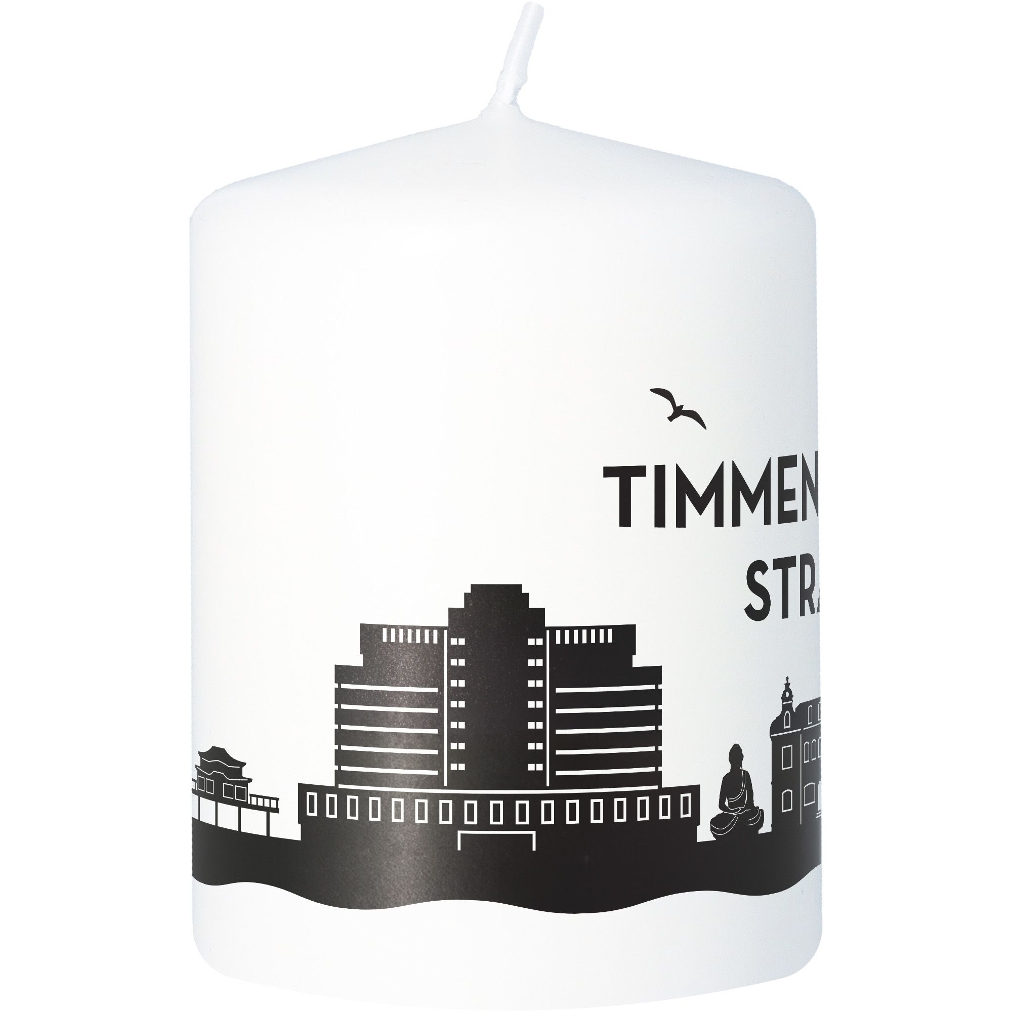 Stumpenkerze Skyline Timmendorfer Strand Weiß Stumpenkerze Skyline Timmendorfer Strand Weiß