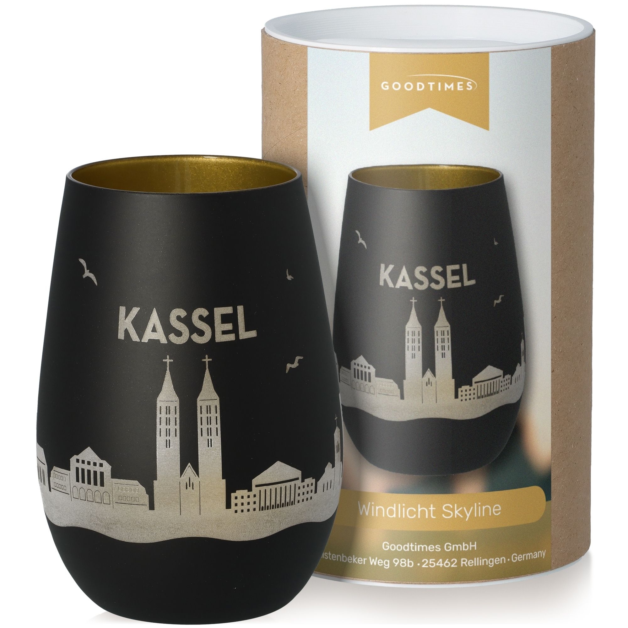 Windlicht Skyline Kassel Schwarz/Gold Krug, Töpferei