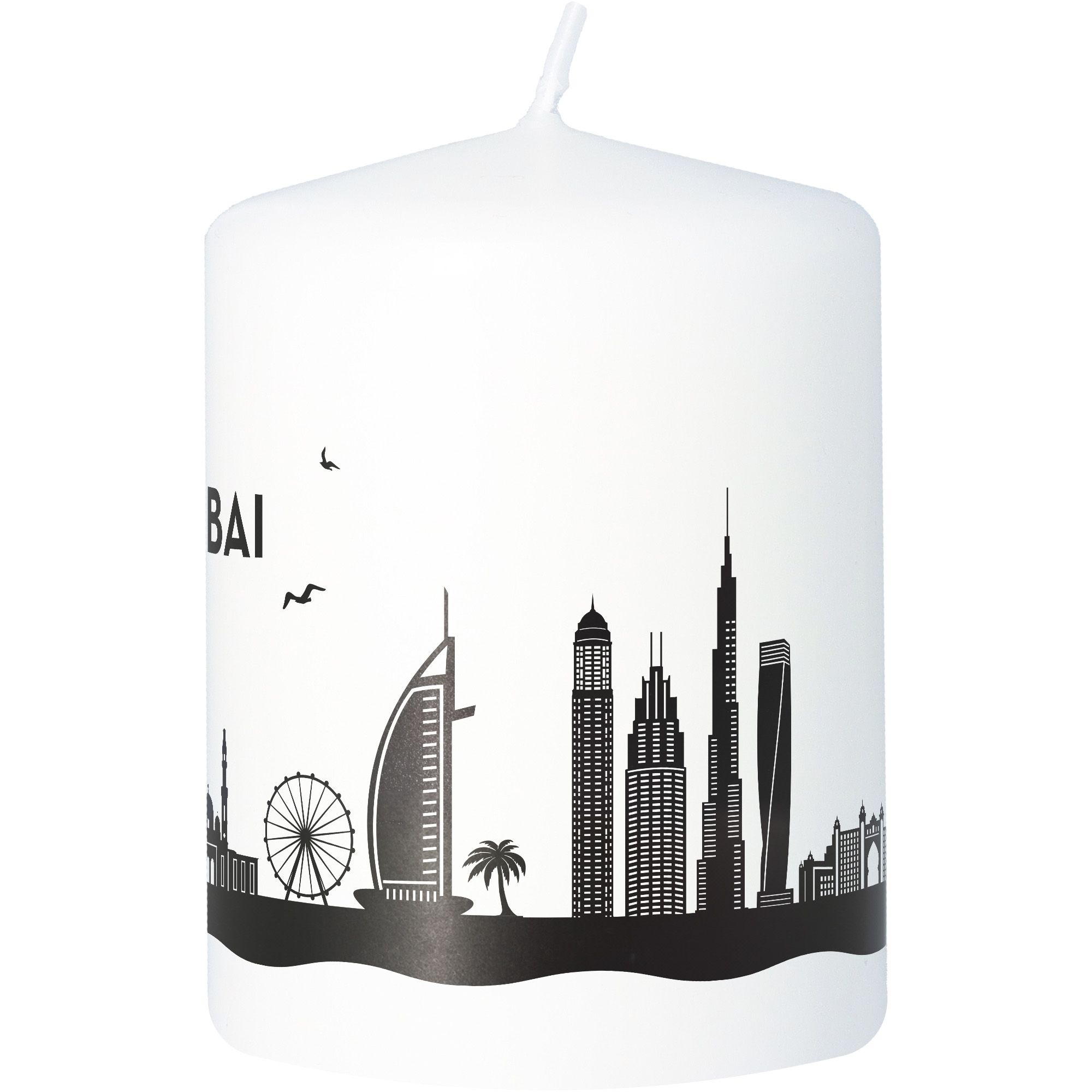 Stumpenkerze Skyline Dubai Weiß Gebäude, Turm, Maschine, Rad, Lampe