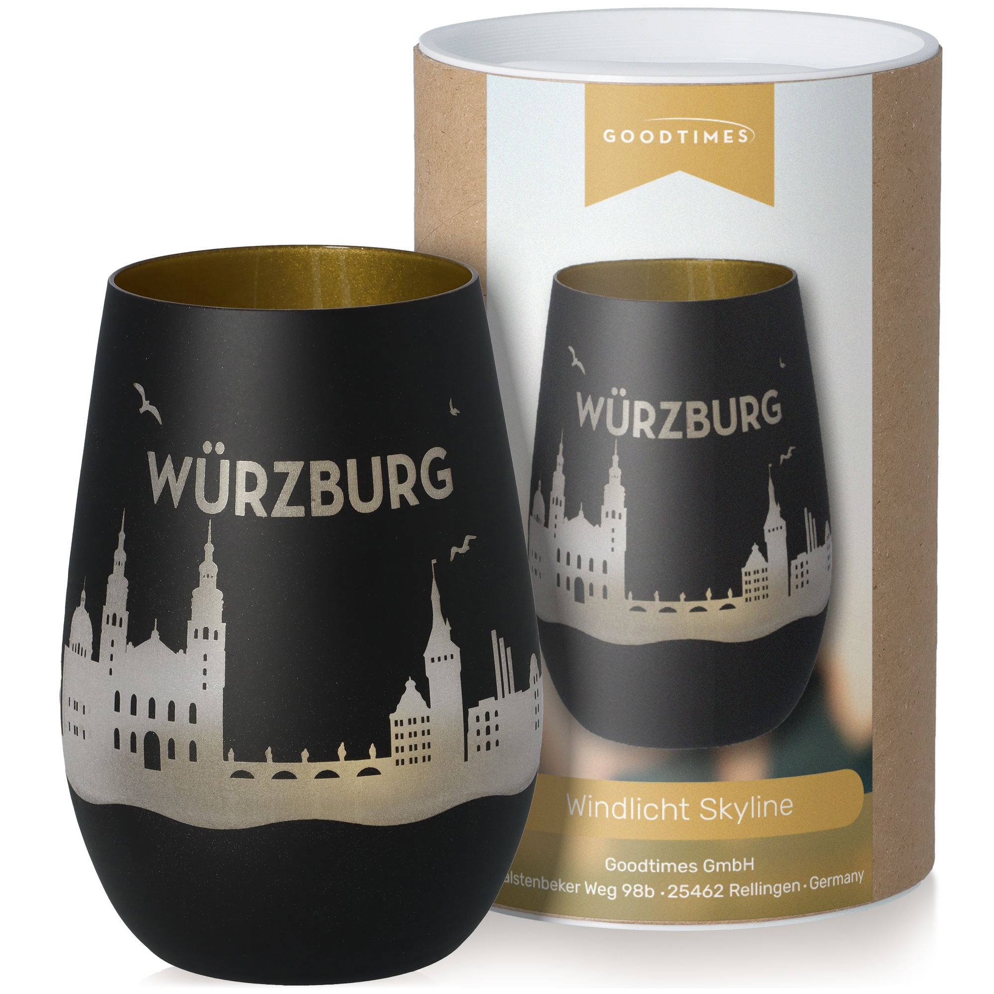 Windlicht Skyline Würzburg Schwarz/Gold Töpferei, Krug, Tasse