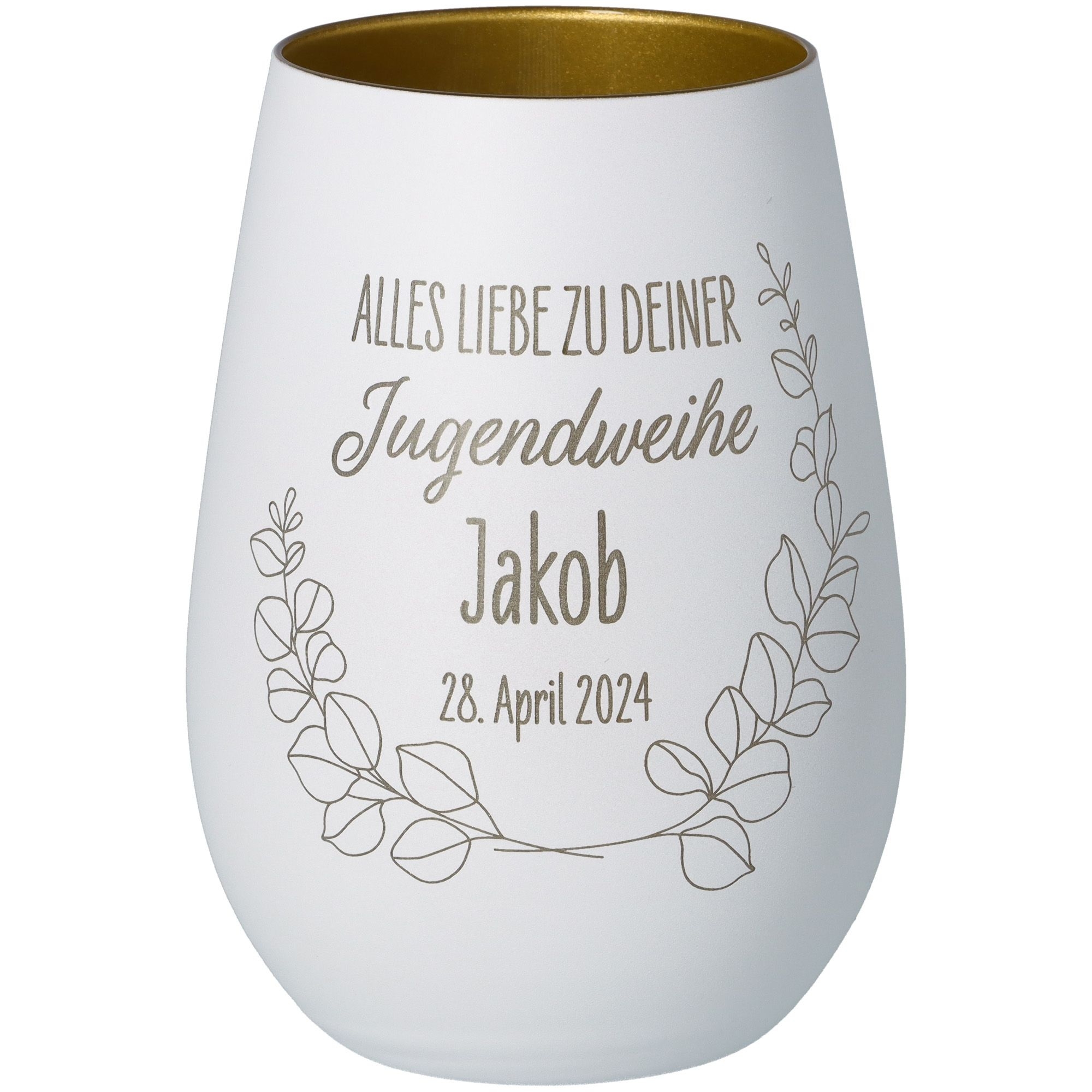 Windlicht Jugendweihe Weiß/Gold "Name + Datum" Windlicht Jugendweihe Weiß/Gold "Name + Datum"