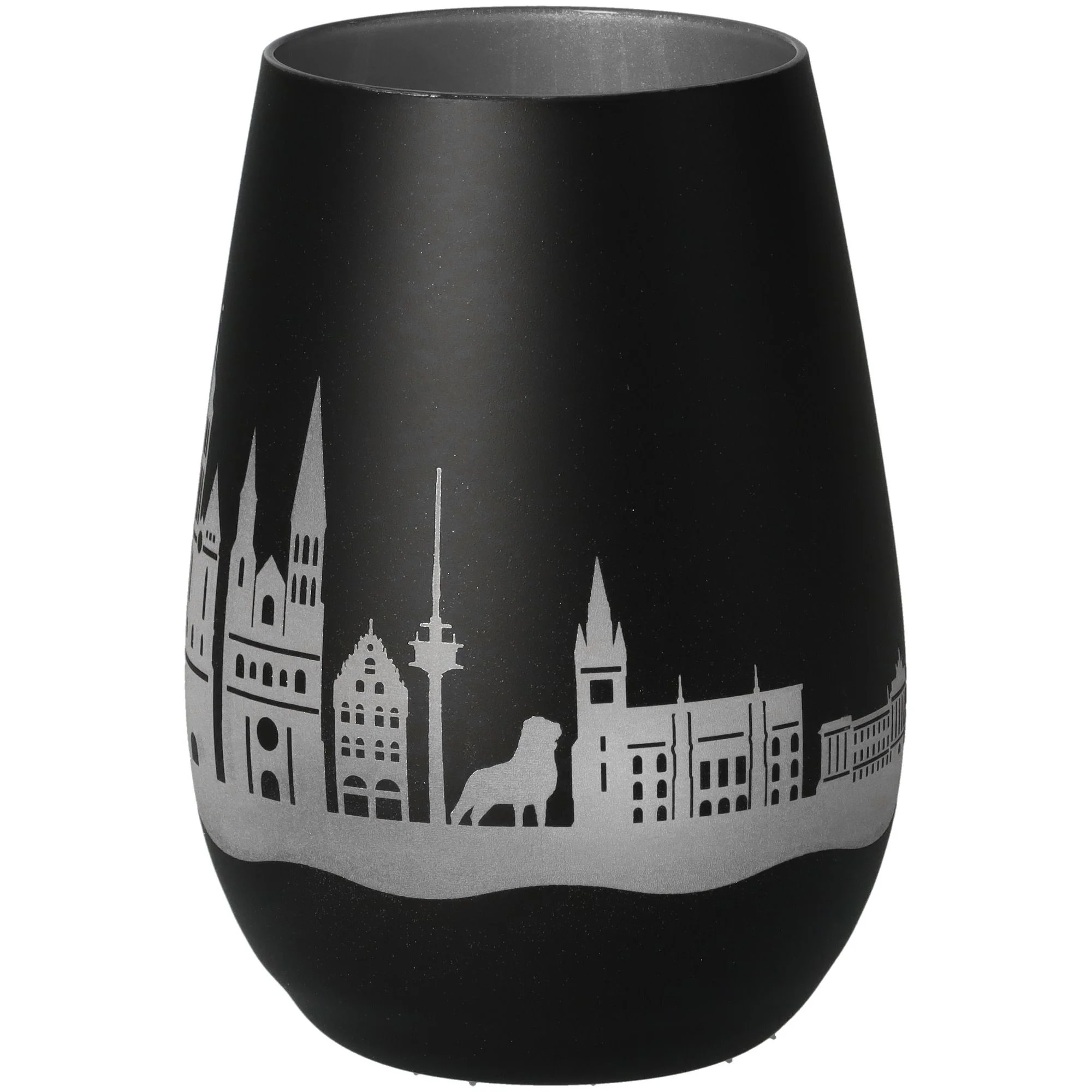 Vase, schwarze Vase, Stadt-Silhouette, Silbermuster, Matt finish