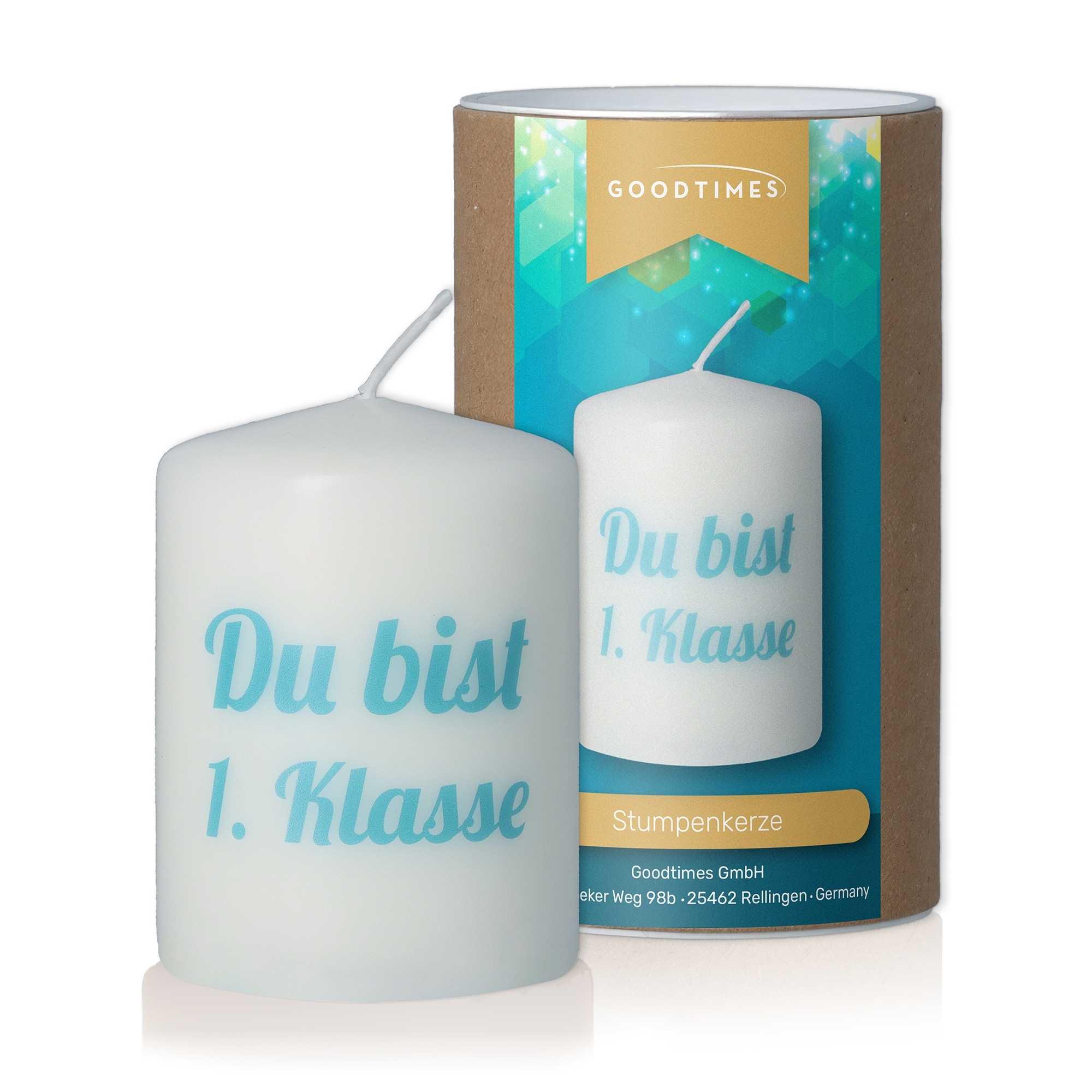 Stumpenkerze "du bist..." Weiß / Türkis Kerze