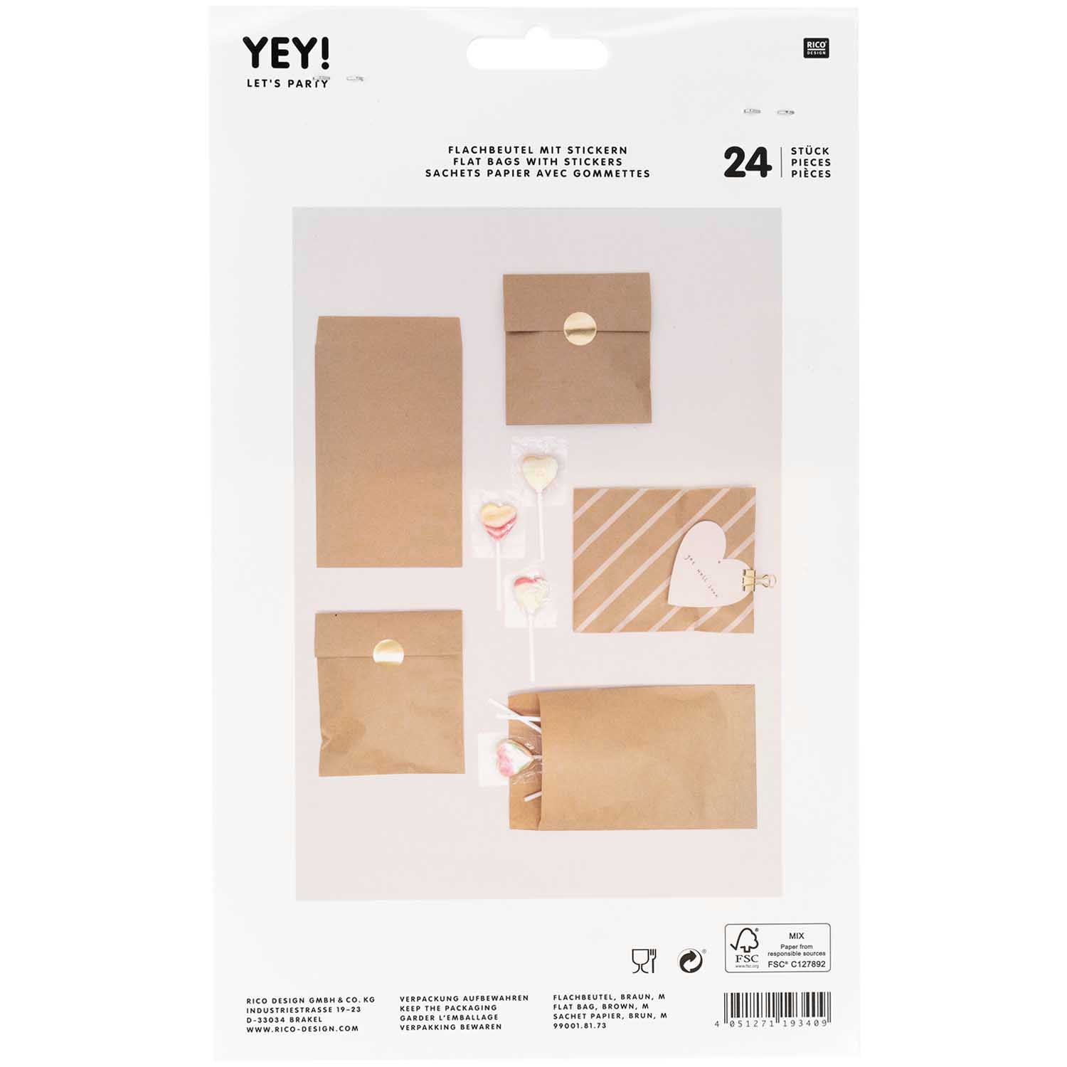 24 Geschenktüten Flachbeutel mit Stickern, Naturbraun