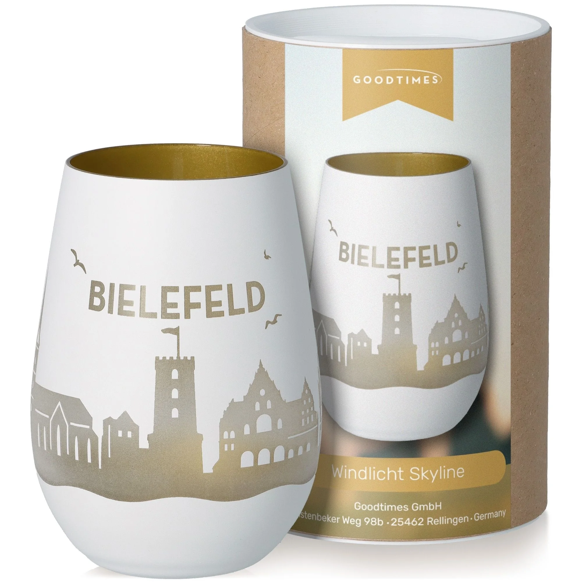 Weinglas, Windlicht, Skyline, Bielefeld, Gold innen
