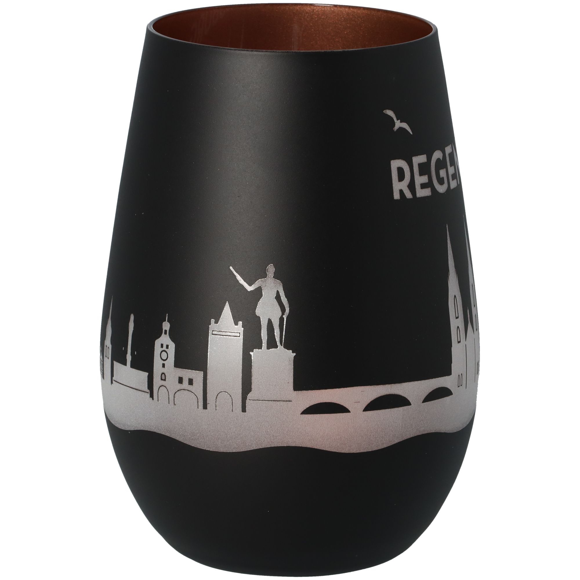 Windlicht Skyline Regensburg Schwarz/Bronze Krug, Töpferei, Vase, Person