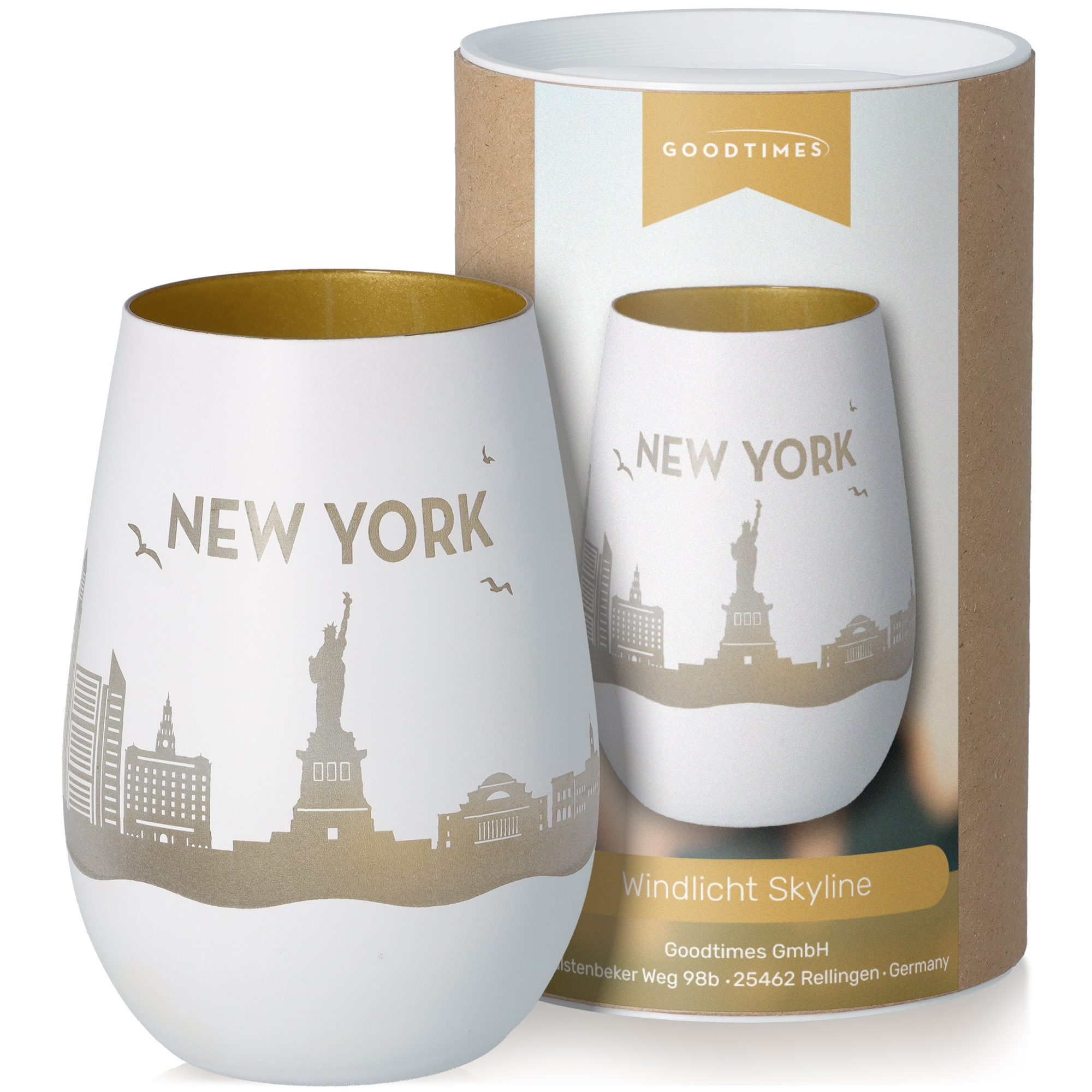 Windlicht Skyline New York Weiß/Gold Töpferei, Krug, Porzellan, Glas, Tasse