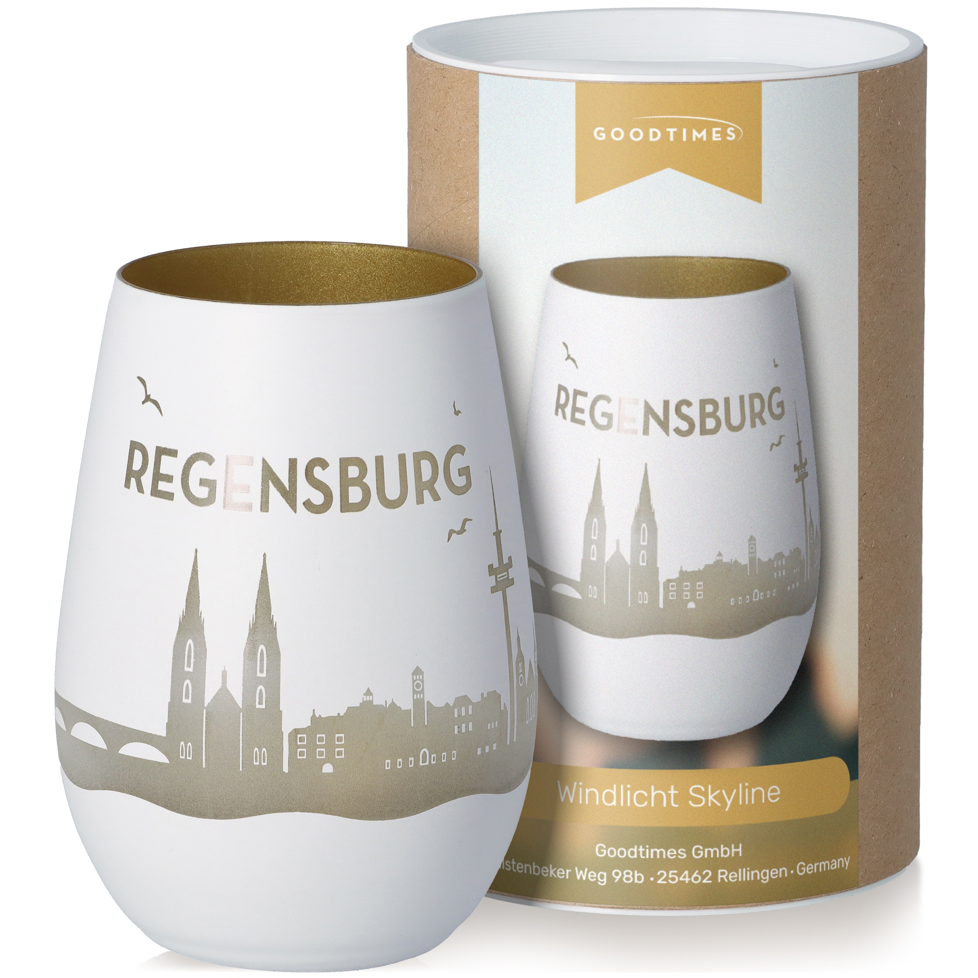 Windlicht Skyline Regensburg Weiß/Gold Töpferei, Tasse, Kunst, Porzellan, Glas