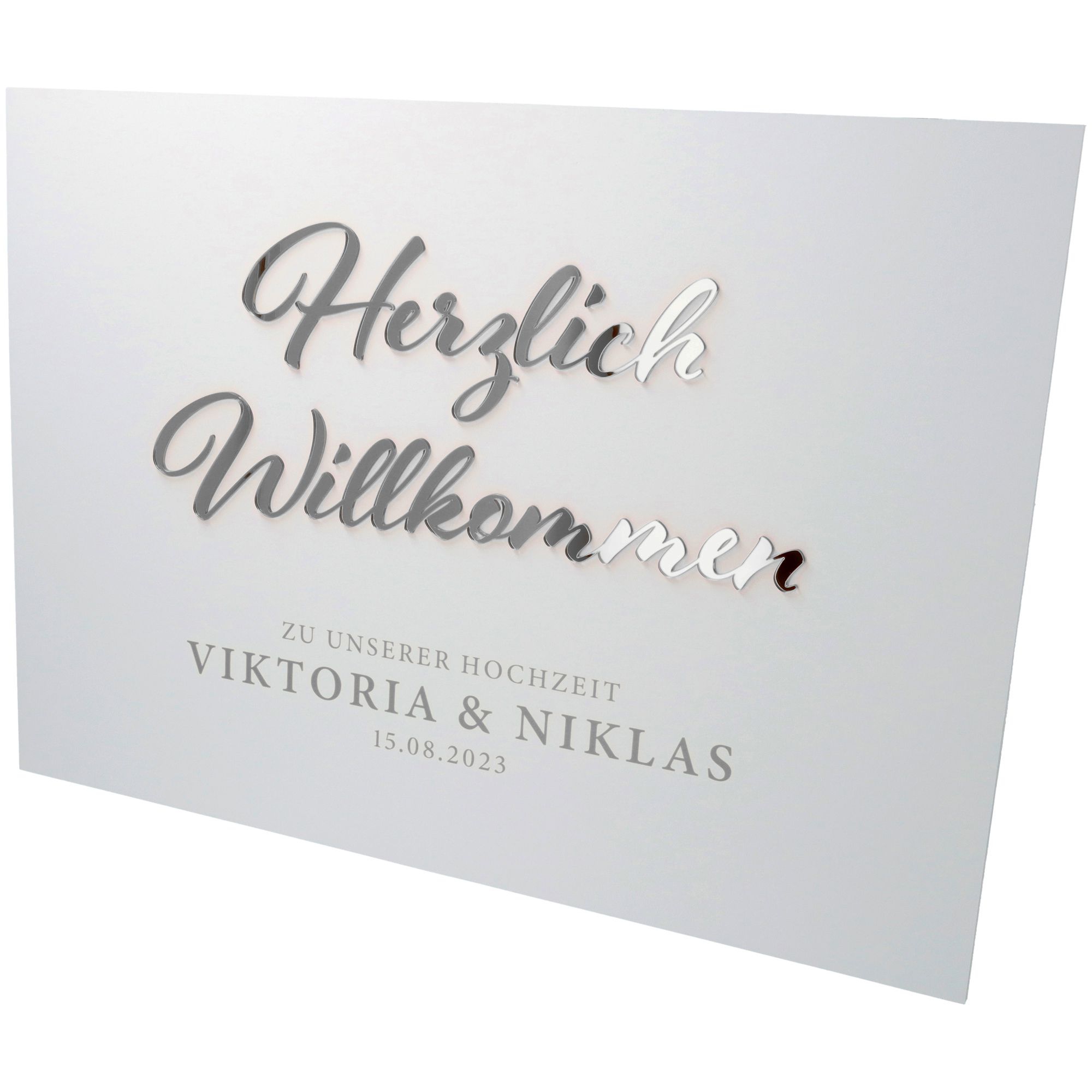 Willkommensschild Hochzeit "Namen & Datum" Silber 70x50 Willkommensschild Hochzeit "Namen & Datum" Silber 70x50