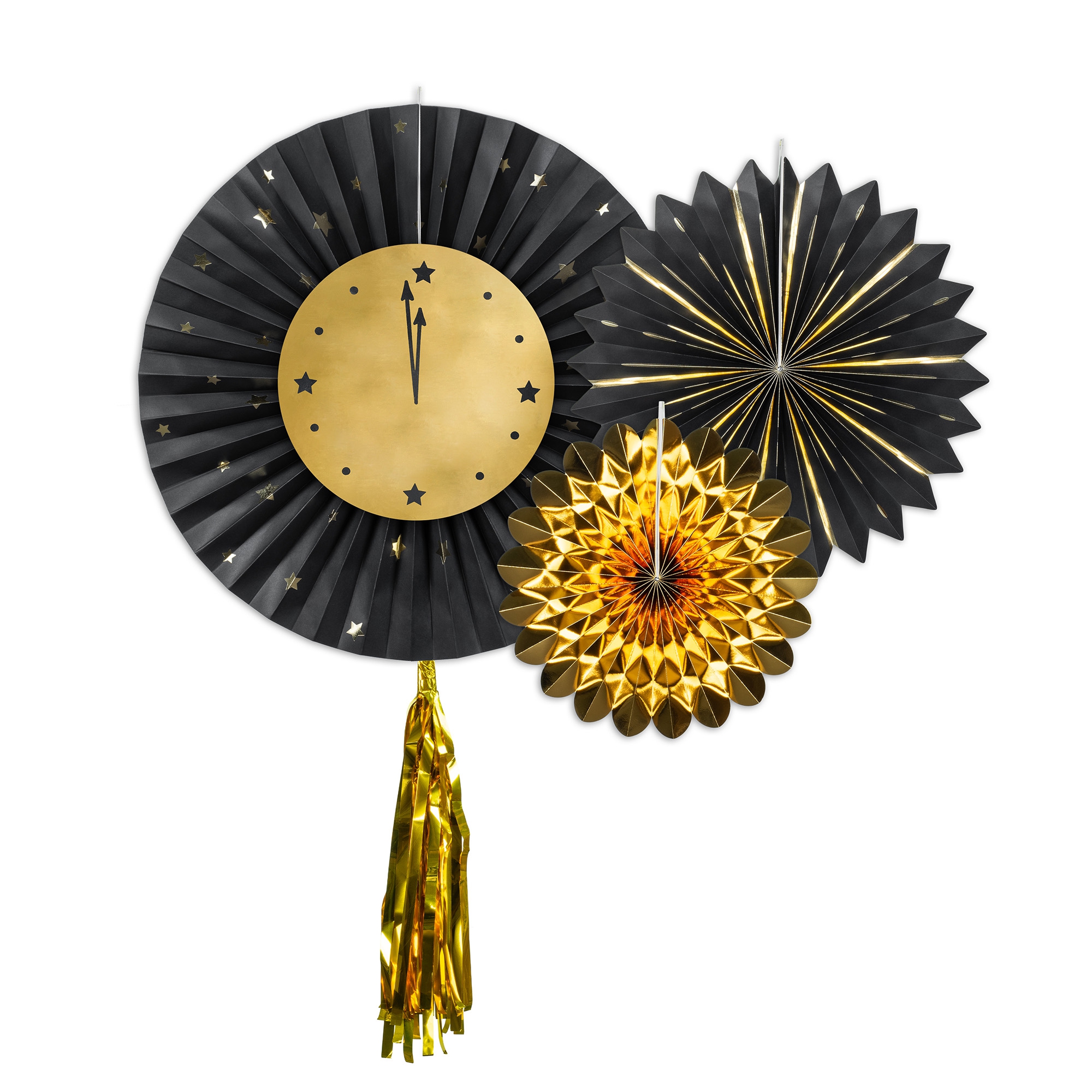 3 Silvester-Dekofächer mit Uhr, Schwarz & Gold Kunst, Kunsthandwerk, Analoge Uhr, Uhr