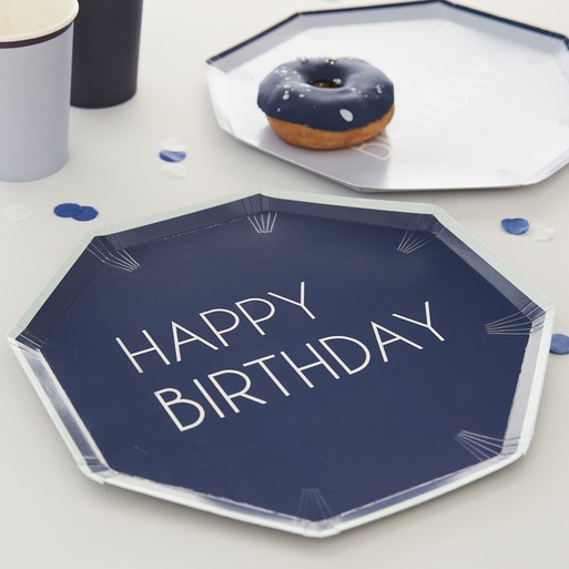 8 Pappteller "Happy Birthday", Blau 100% umweltfreundlich