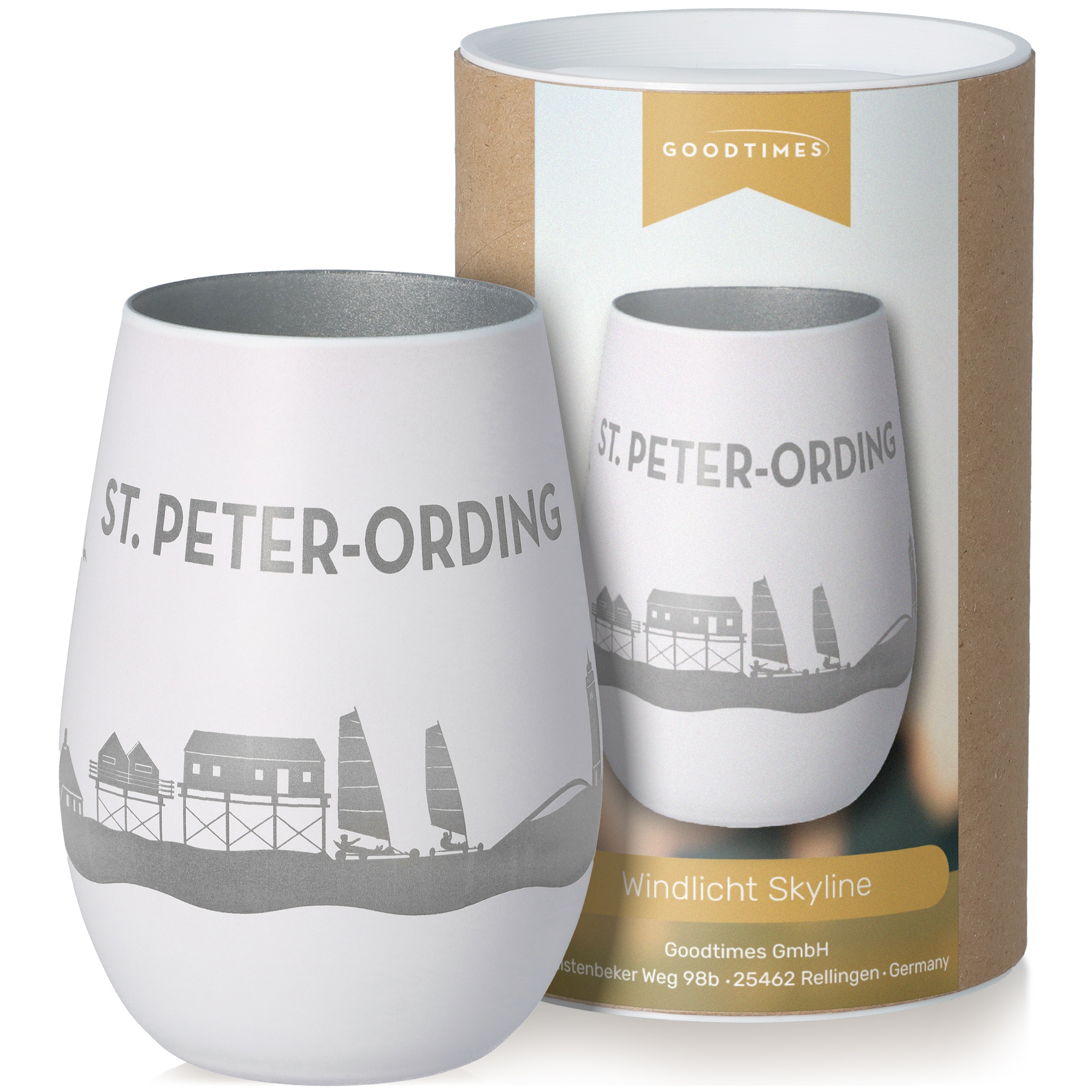 Windlicht Skyline St. Peter-Ording Weiß/Silber Töpferei, Tasse, Getränk, Kaffee, Kaffeetasse