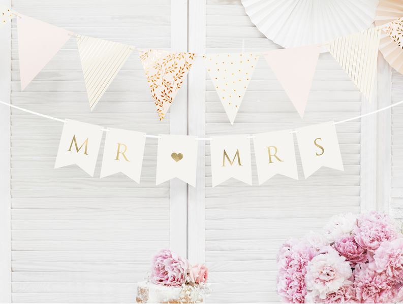 Girlande "Mr & Mrs", Weiß/Gold Girlande "Mr & Mrs", Weiß/Gold