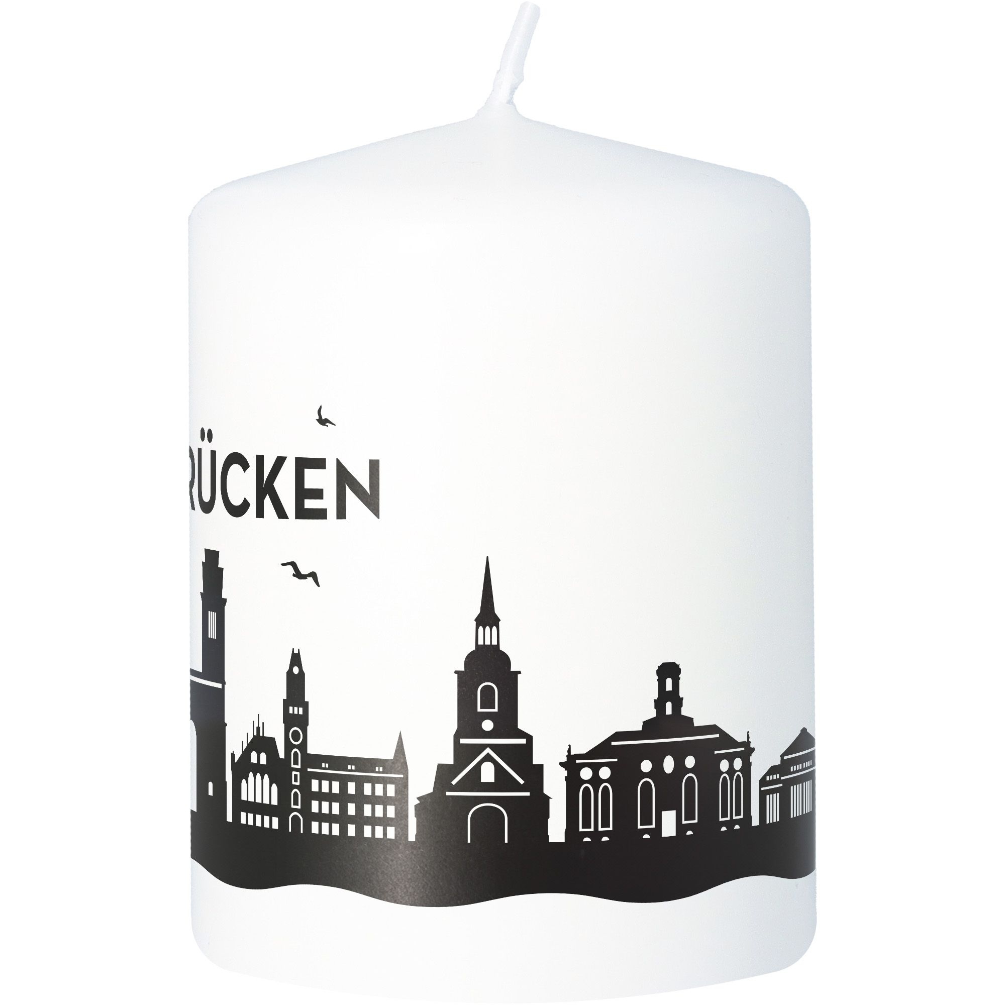 Stumpenkerze Skyline Saarbrücken Weiß Stumpenkerze Skyline Saarbrücken Weiß