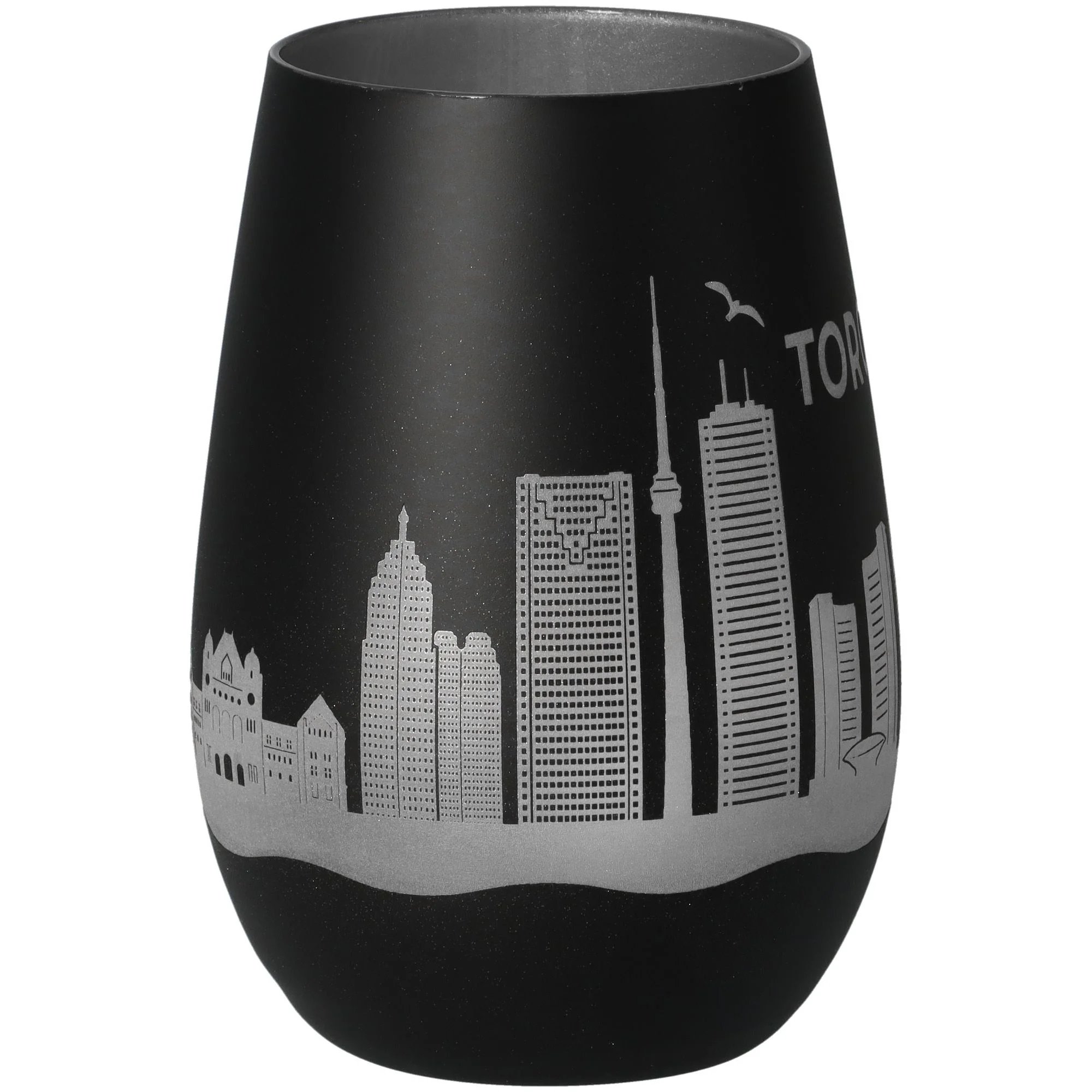 vase, glas, schwarze vase, stadtsilhouette, silberne druck